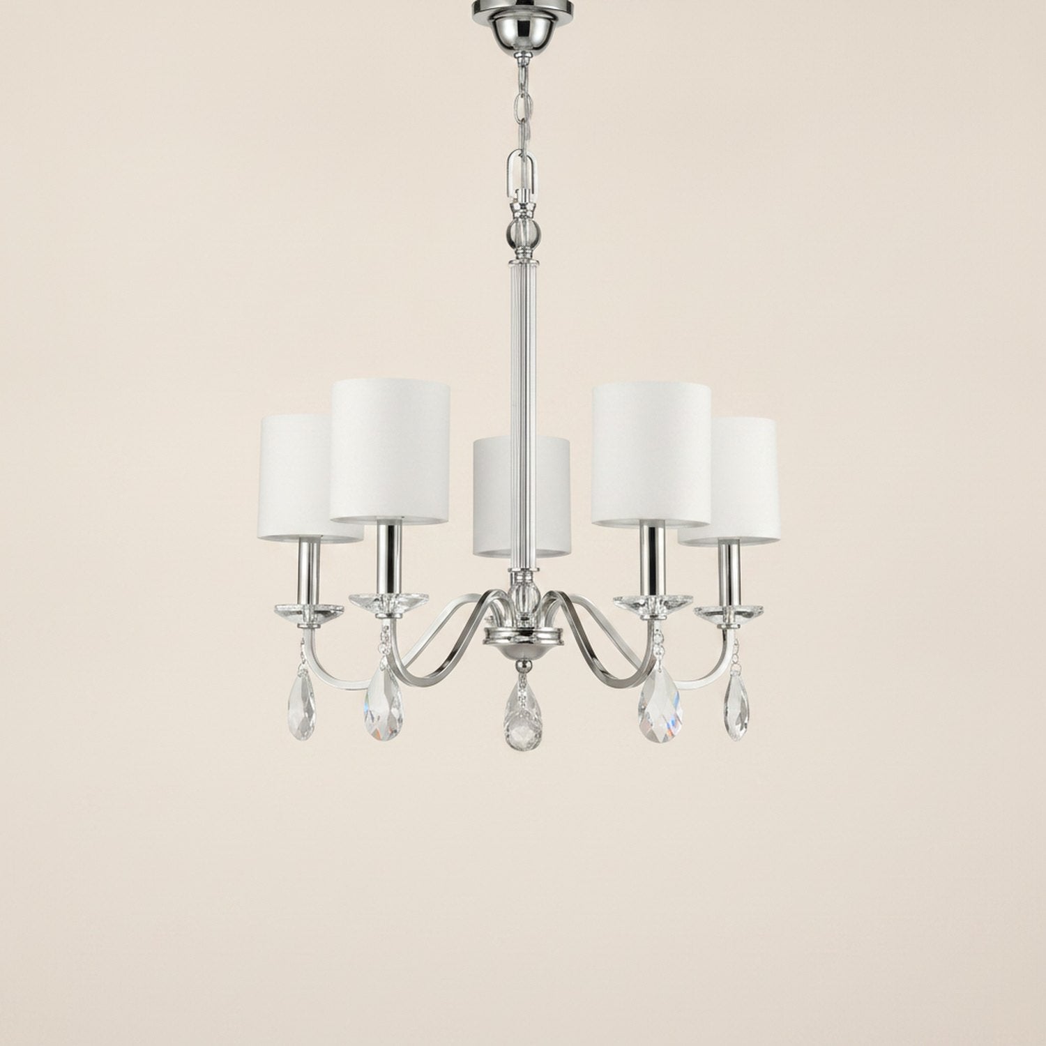 Silver Candle Style Five Light Metal and Crystals Dimmable Chandelier With White Shades - hero
