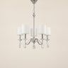 Silver Candle Style Five Light Metal and Crystals Dimmable Chandelier With White Shades