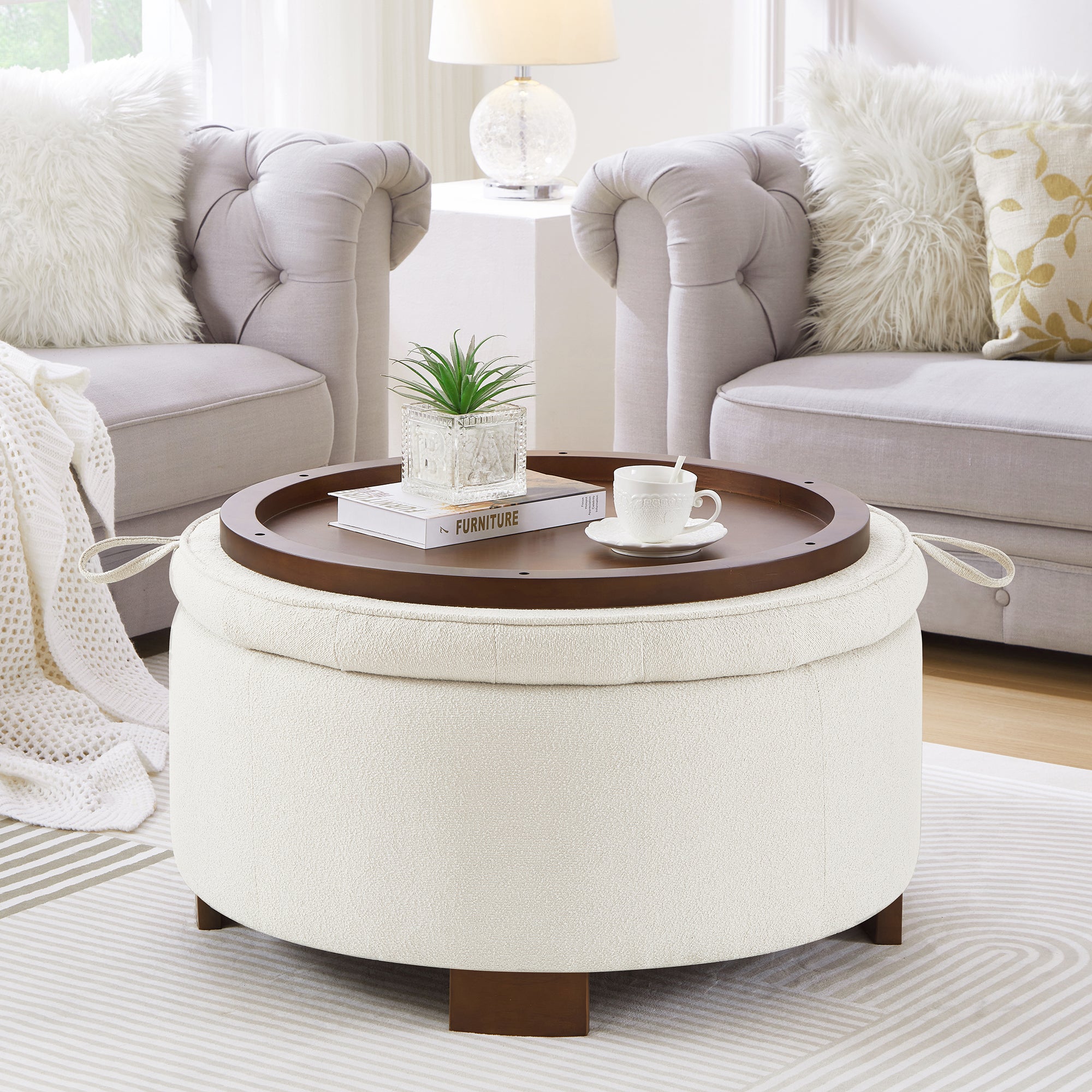 Round Storage Ottoman with Reversible Lid, Boucle, Ivory