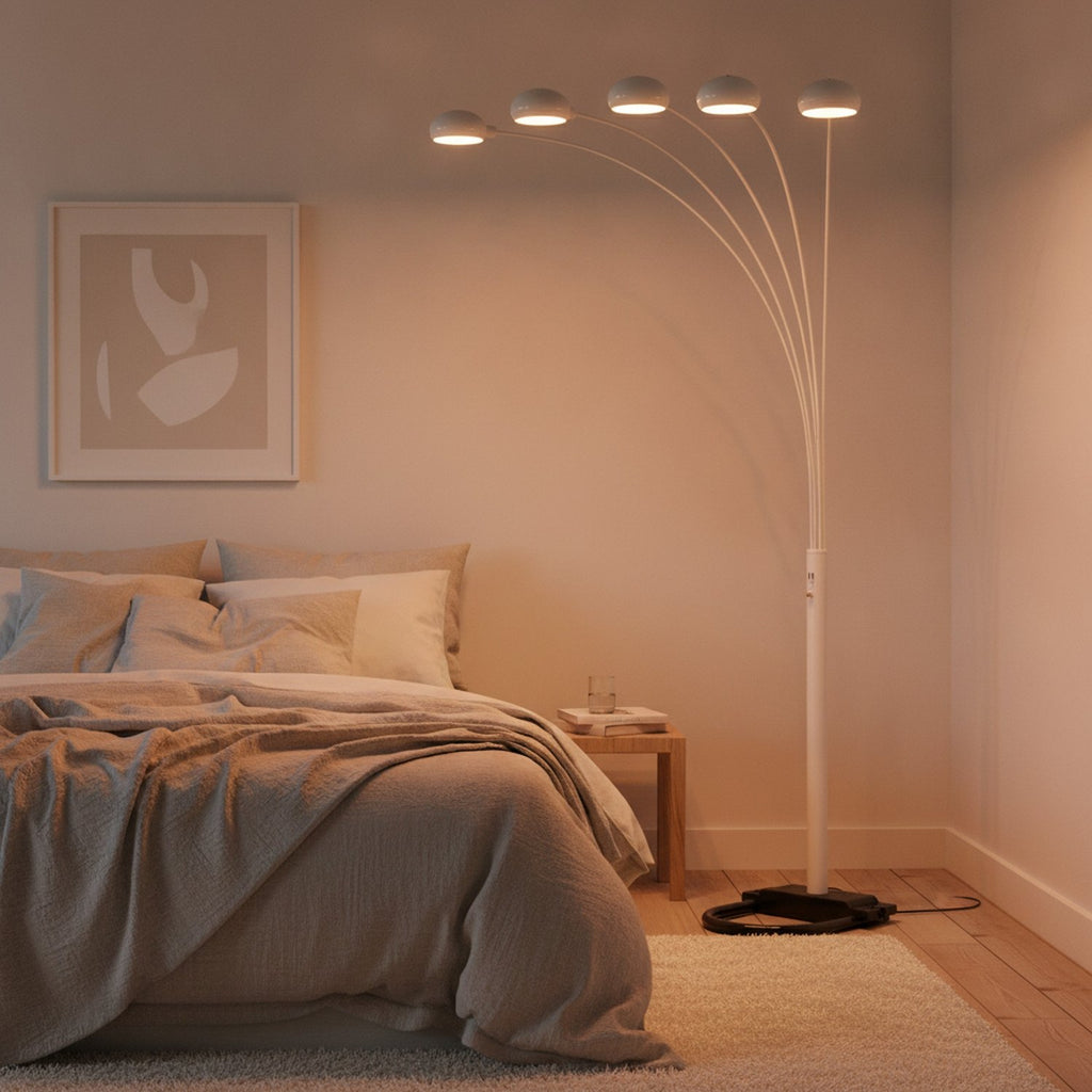 84" White Five Light Arc Floor Lamp With White Dome Shade - L3