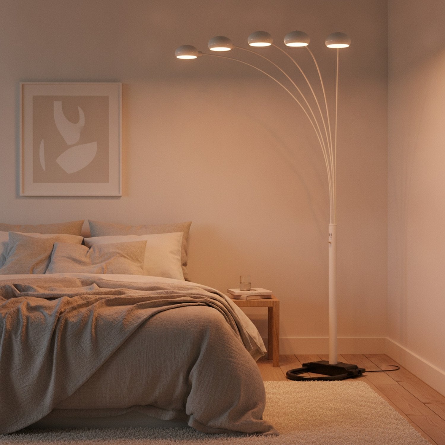 84" White Five Light Arc Floor Lamp With White Dome Shade - L3
