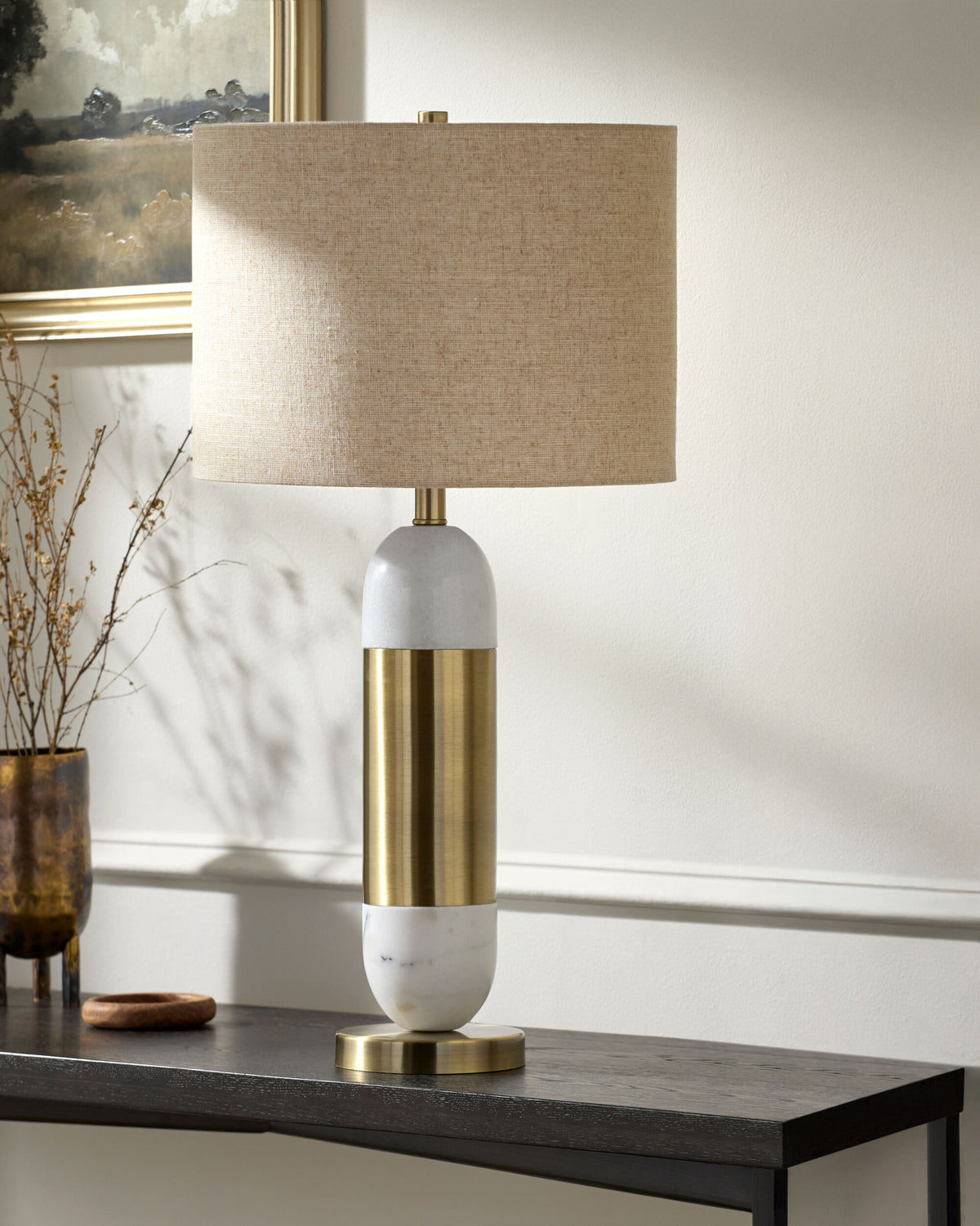 Carina 29" Marble Table Lamp, Marbled White, Plated Metallic Gold
