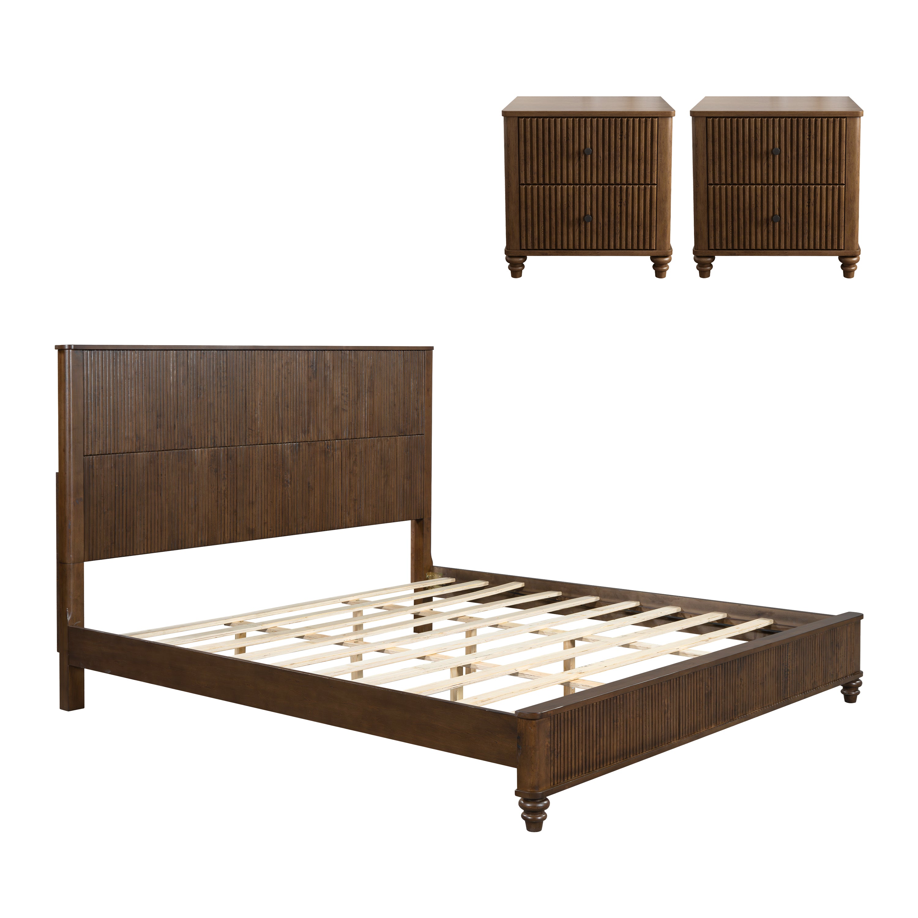 3-Piece Bedroom Set, King Bed & 2 Nightstands, Walnut Brown