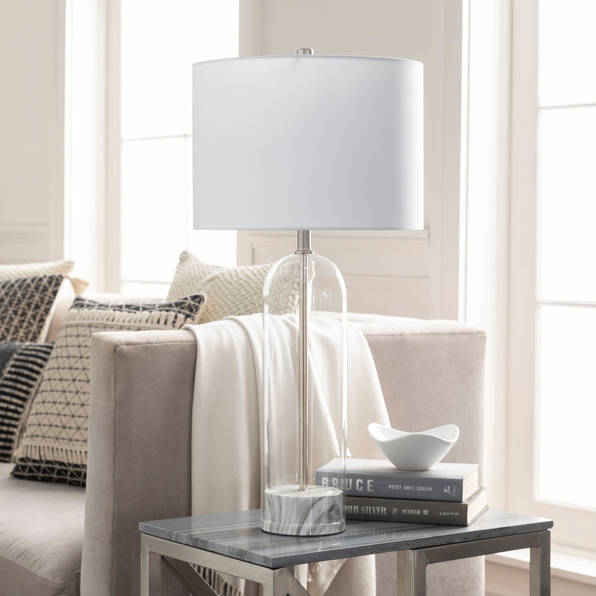 Carthage 29" Glass Table Lamp, Translucent Clear, Painted White