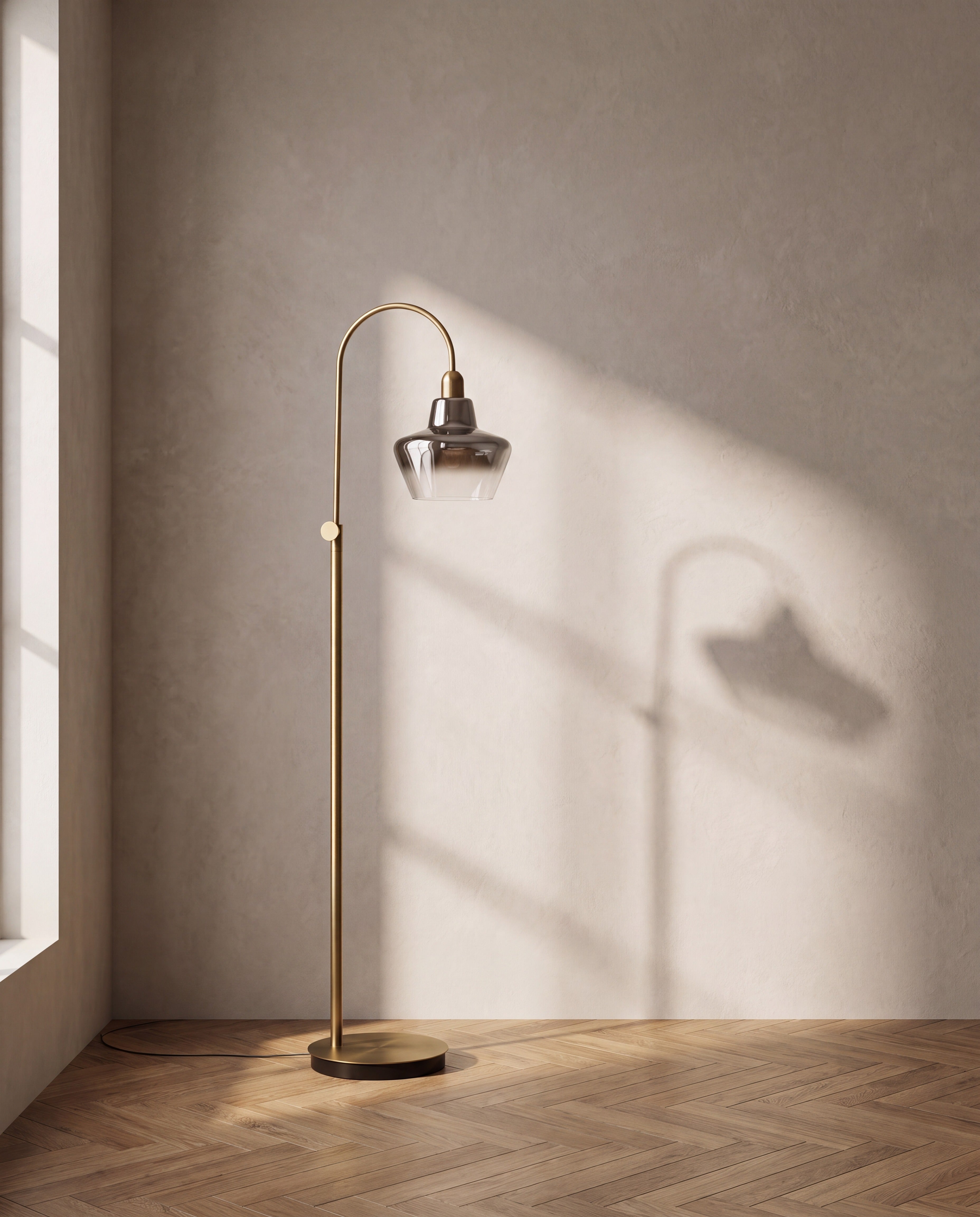 Adjustable Arc Floor Lamp — on limewash plaster