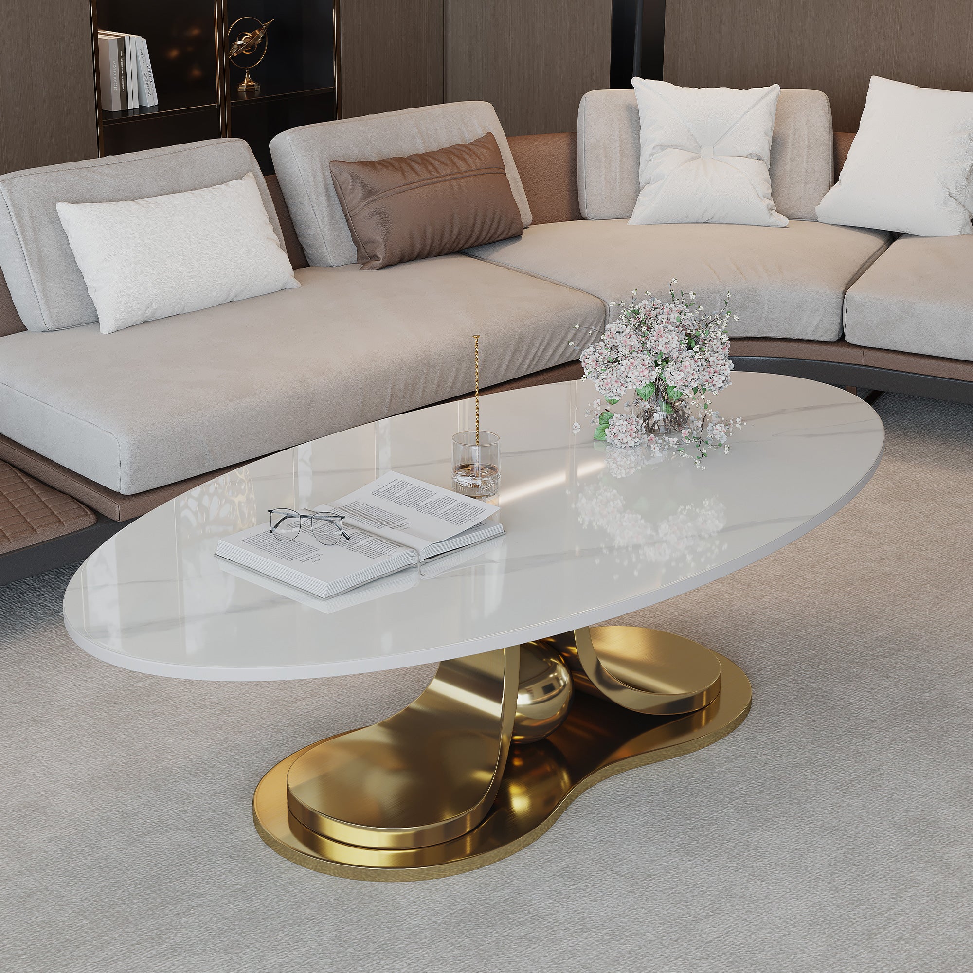 Faux Marble Coffee Table, Sintered Stone Top & Steel Base, 49"