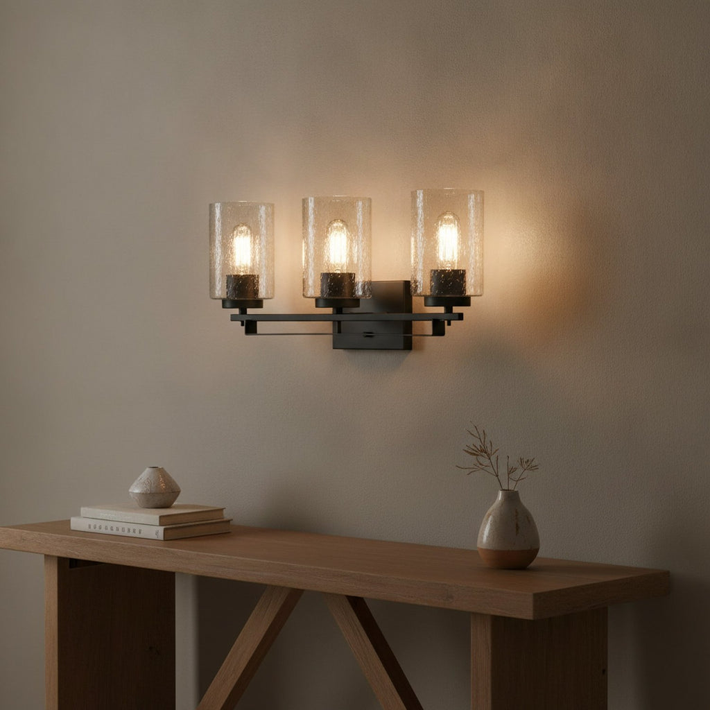 Bronze Metal and Textured Glass Three Light Wall Sconce - L1