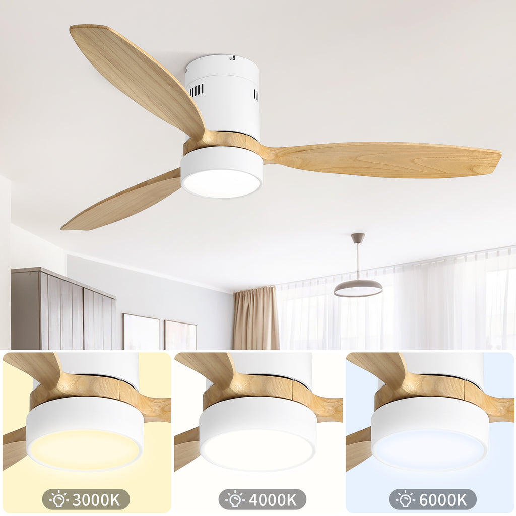 52 Inch Flush Mount Ceiling Fan DC 3 Solid Wood Fan Blade