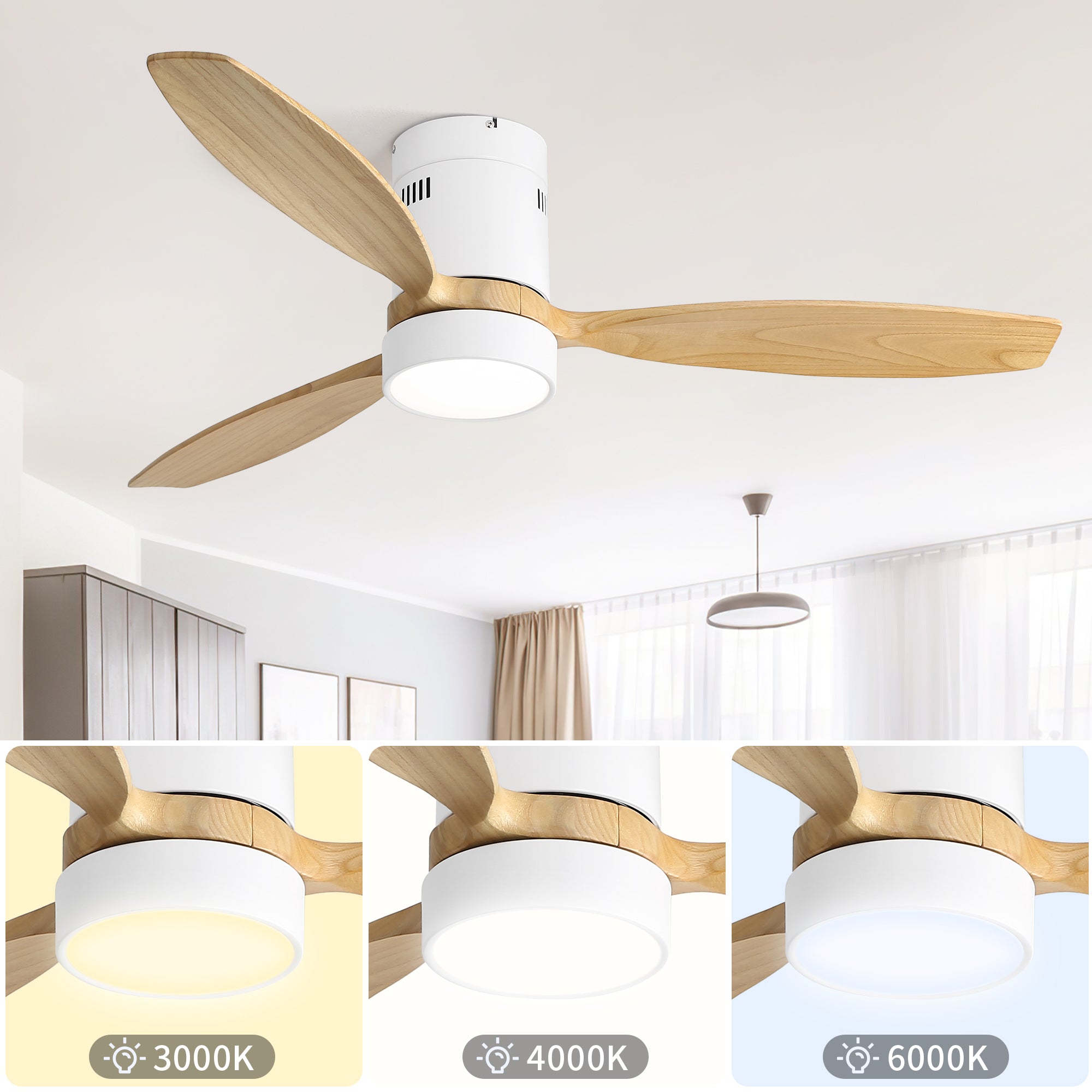 52 Inch Flush Mount Ceiling Fan DC 3 Solid Wood Fan Blade