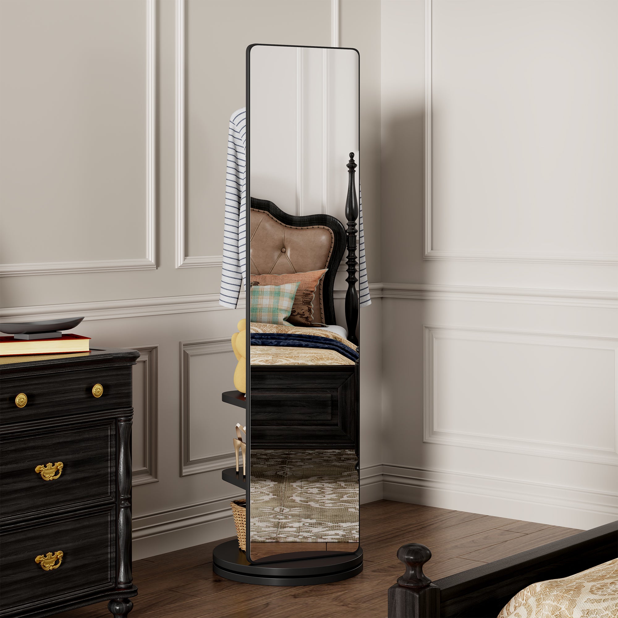 Astrid Full-Length Mirror with Coat Rack, 66", Black