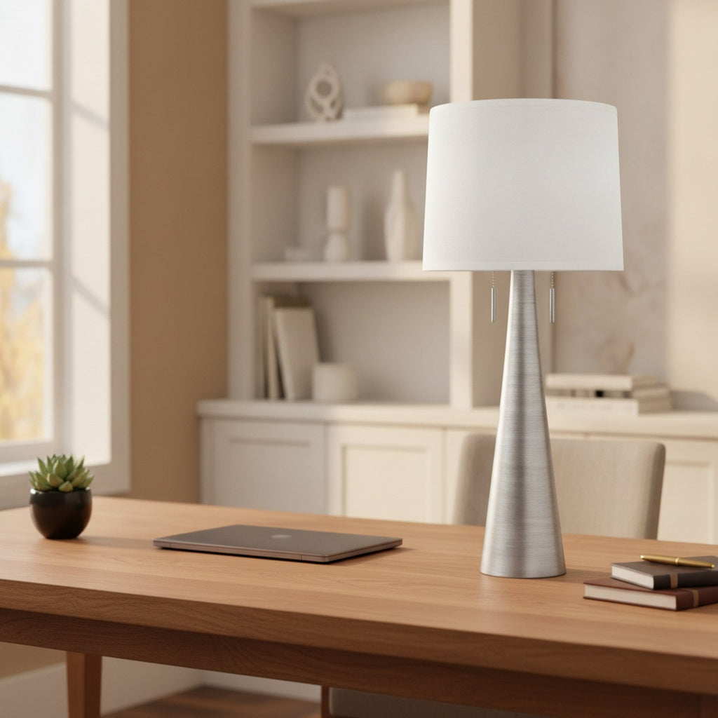 34" Silver Metal Two Light Table Lamp With White Empire Shade - L3