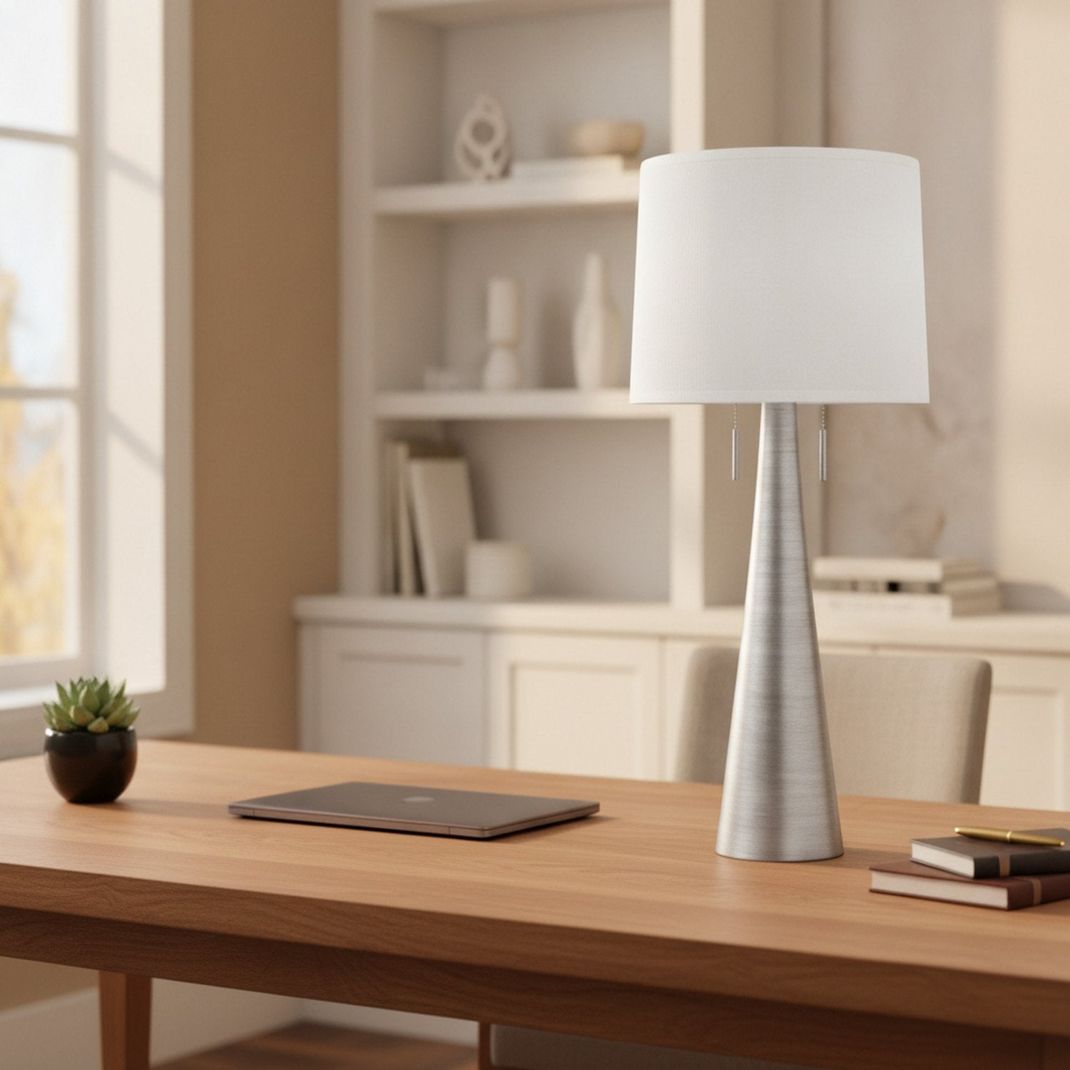 34" Silver Metal Two Light Table Lamp With White Empire Shade - L3