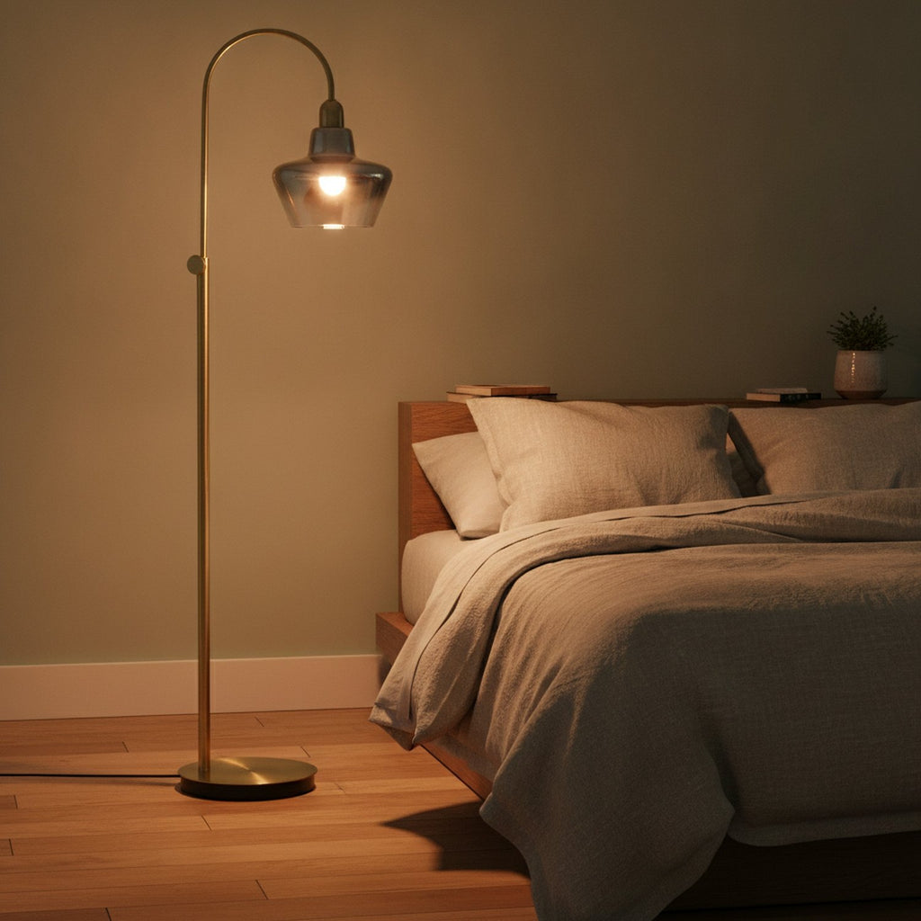 61" Brass Adjustable Arc Floor Lamp With Antiqued Brass Mirrored Glass Novelty Shade - L3