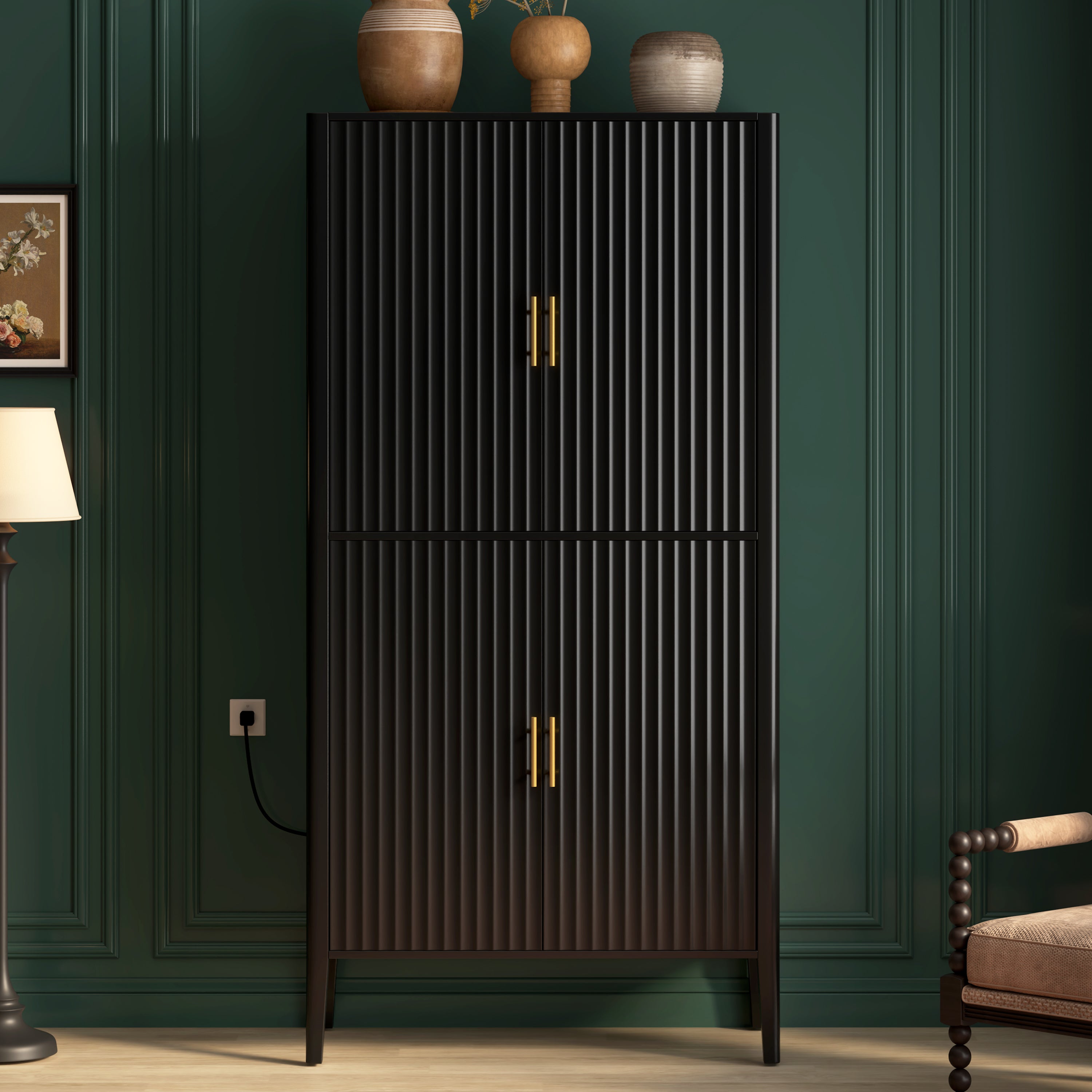 Fluted Wine Cabinet with Glass Display & Stemware Rack, 4 Doors