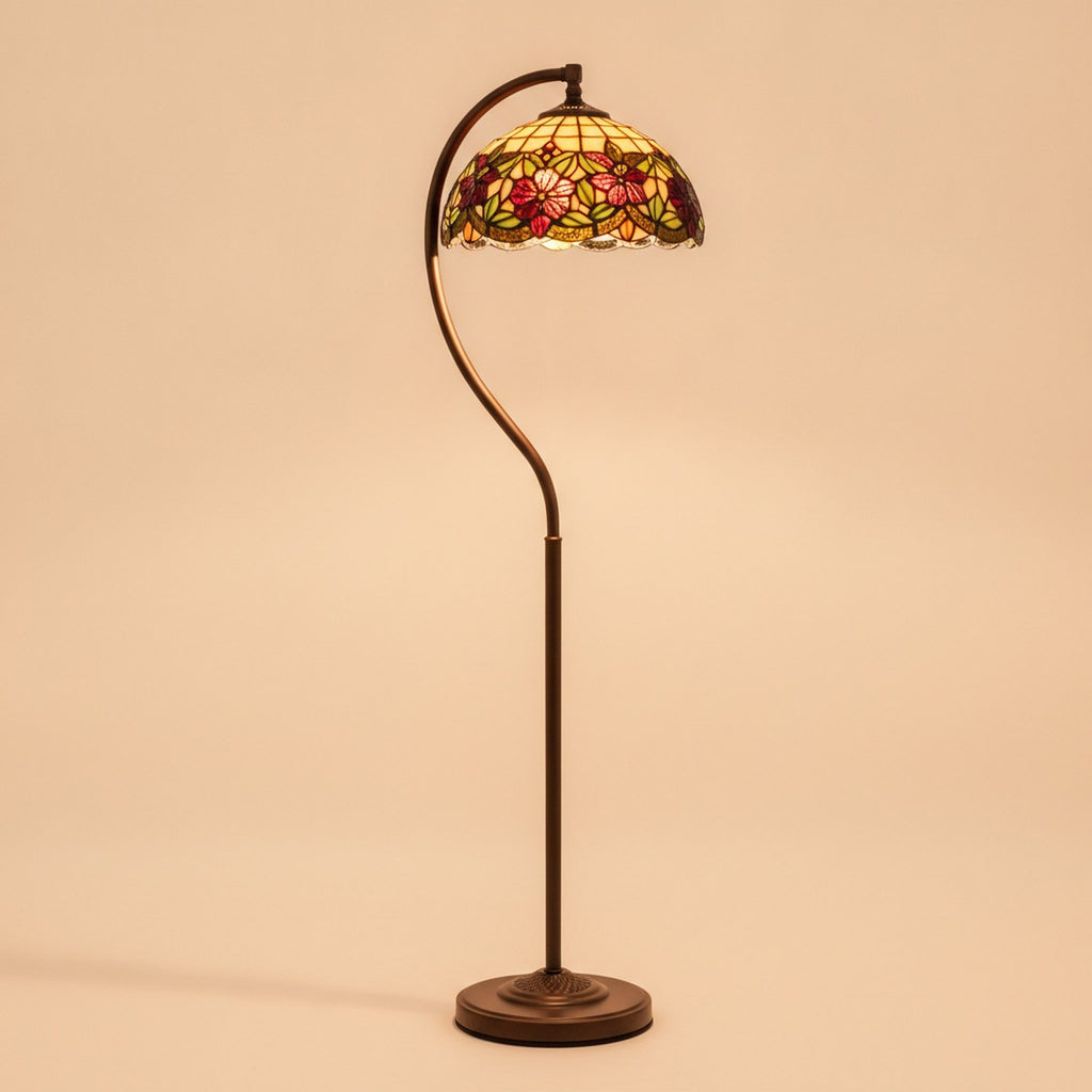 62" Brown Metal Arched Floor Lamp With Amber and Red Flowers Stained Glass Shade - hero