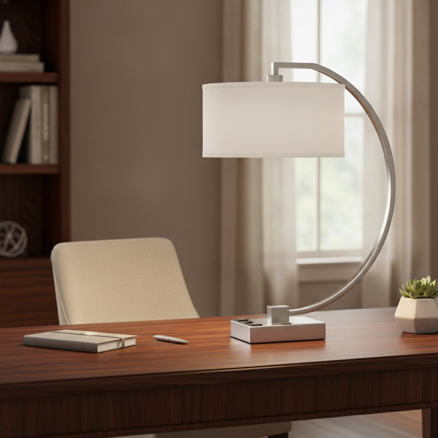 26" Nickel Metal Lantern Desk USB Table Lamp With White Shade - L3
