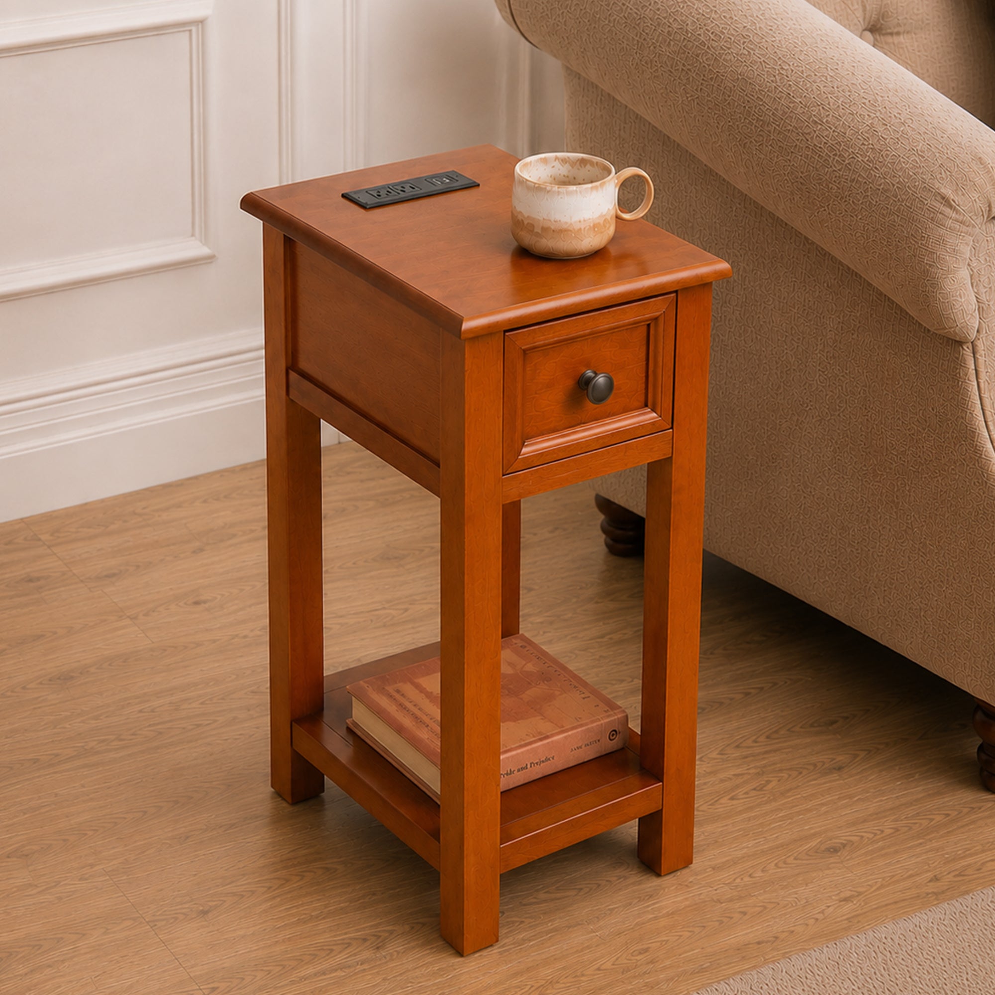 Mission-Style End Table with Drawer & Shelf, Walnut