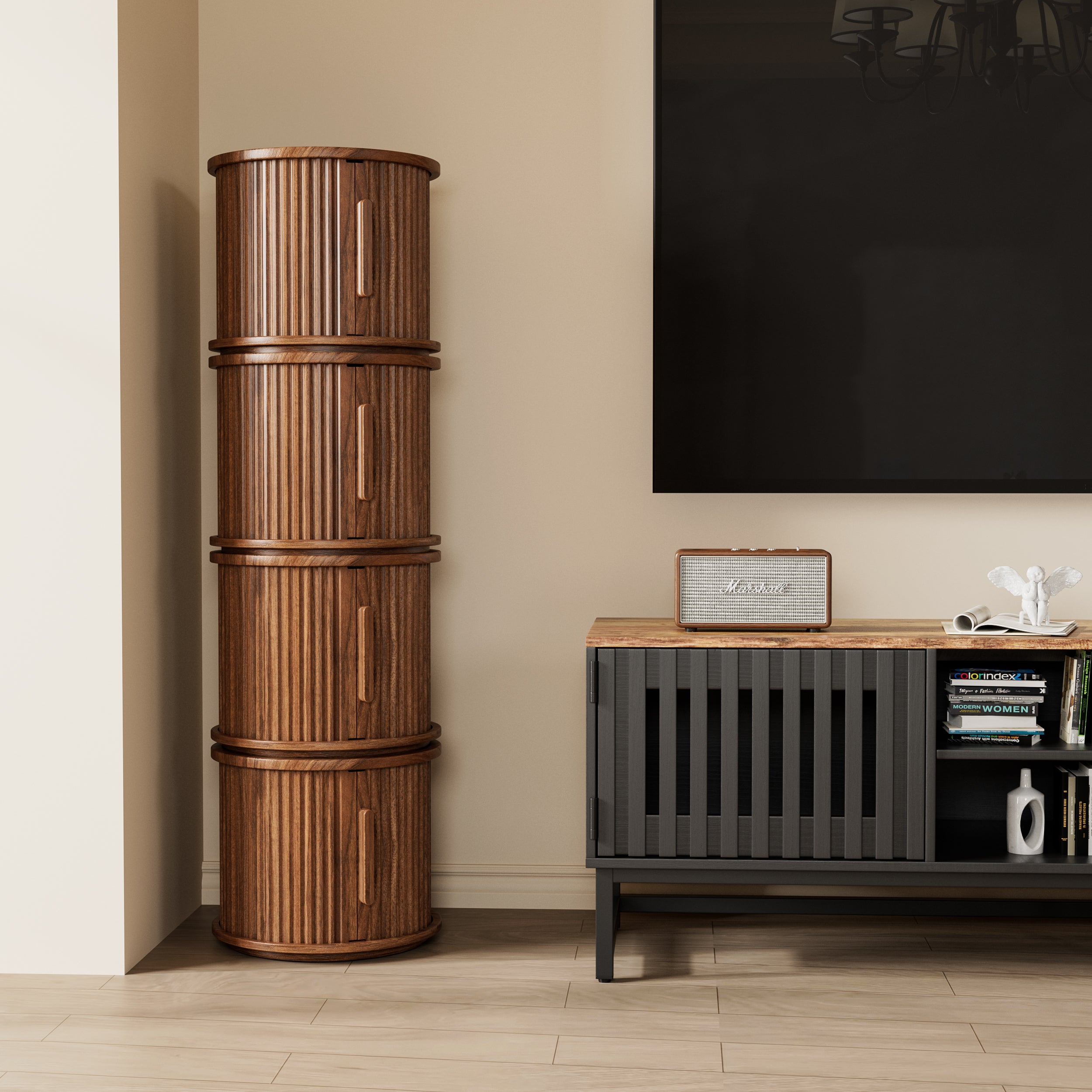 Round Nesting Coffee Table Set of 4, Sliding-Door Storage, Walnut