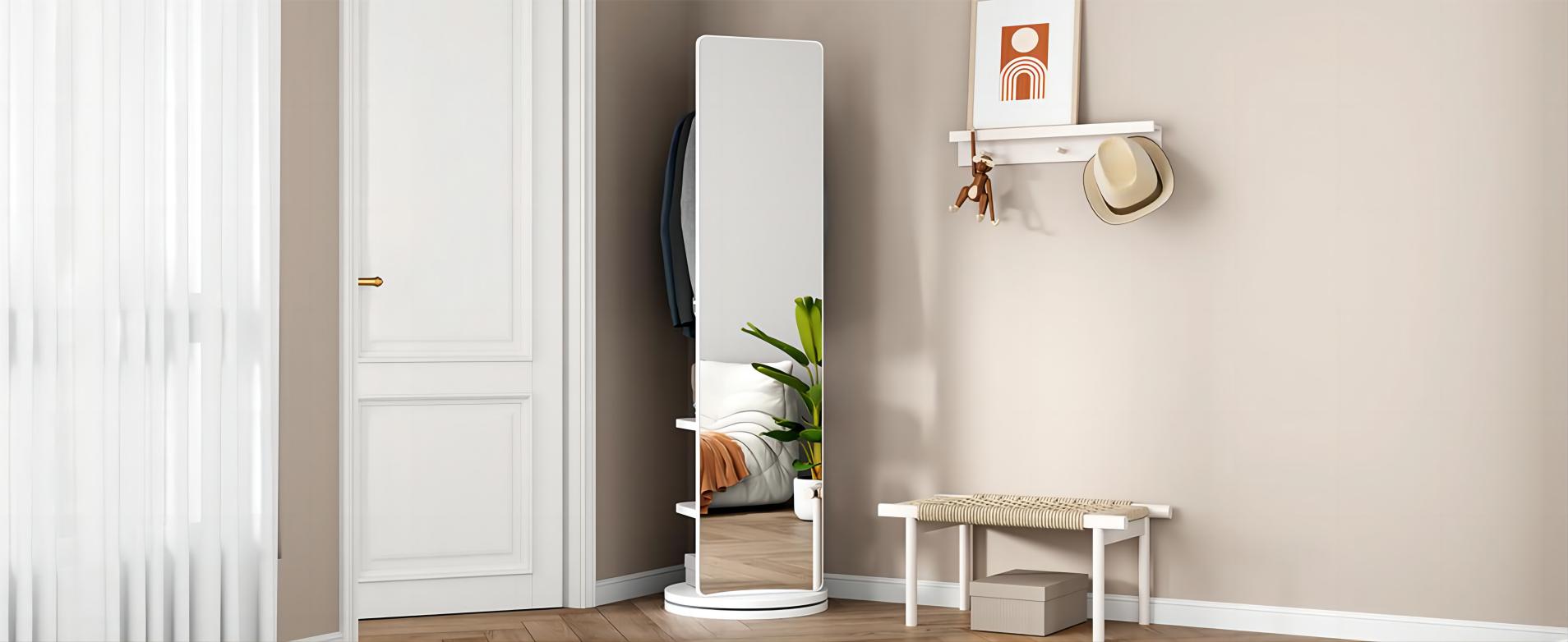 Astrid Full-Length Mirror with Coat Rack, 66", White