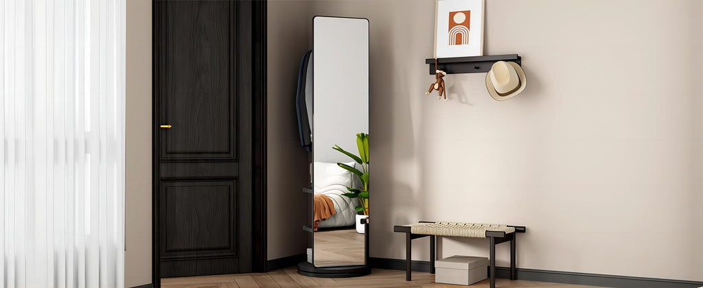 Astrid Full-Length Mirror with Coat Rack, 66", Black