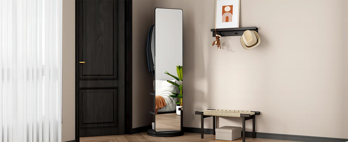 Astrid Full-Length Mirror with Coat Rack, 66", Black