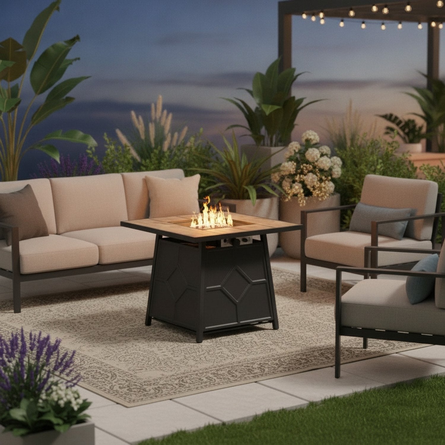 40000 BTU 28" Brown Iron Propane Square Fire Pit With Cover - L1