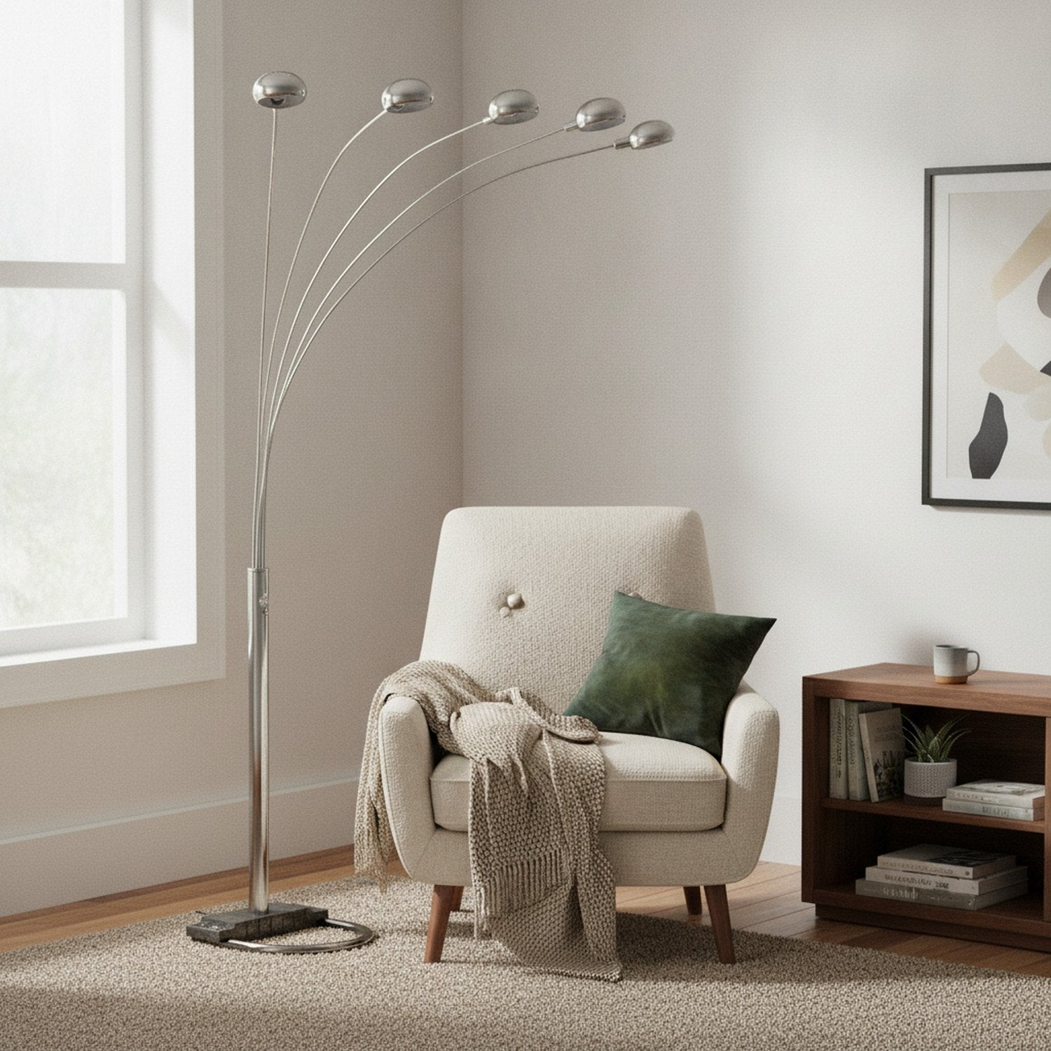 84" Nickel Five Lights Arc Floor Lamp With Nickel Dome Shade - L2