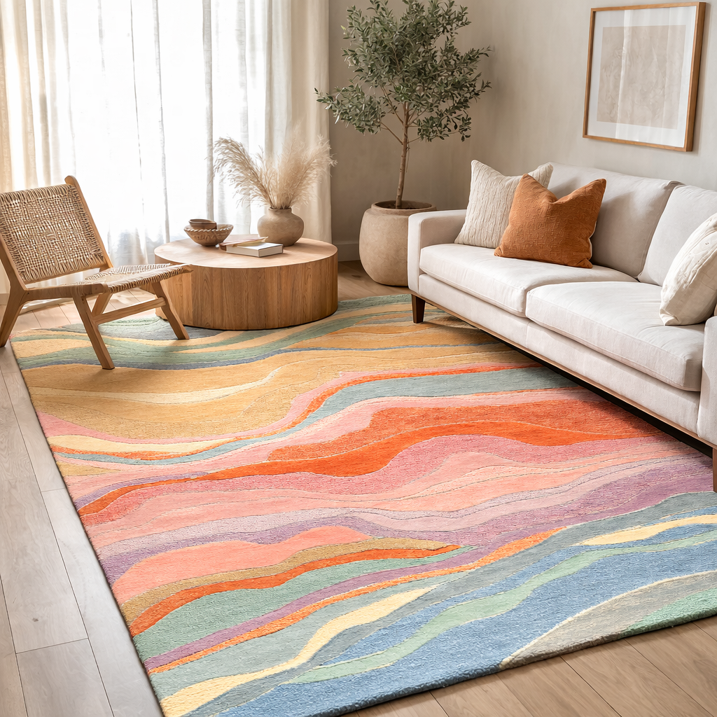 Wielobarwny Dywan Wełniany O Płynnym Deseniu