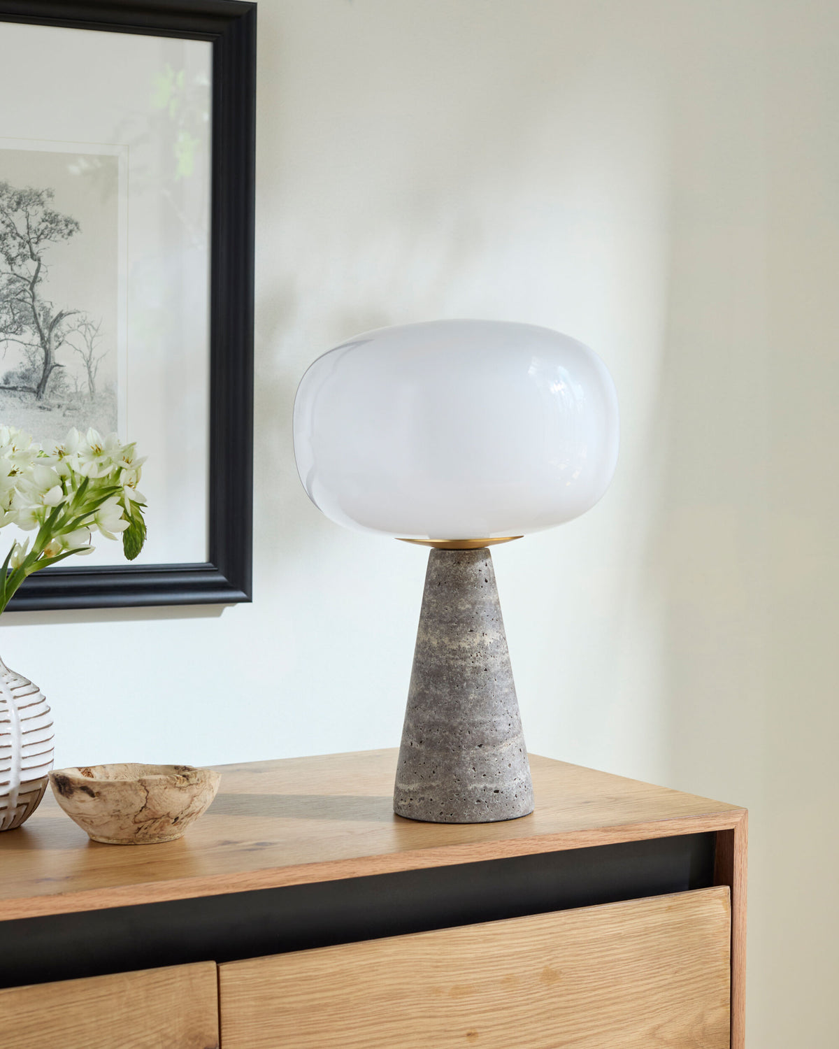 Domara 15" Travertine Table Lamp, Natural Gray