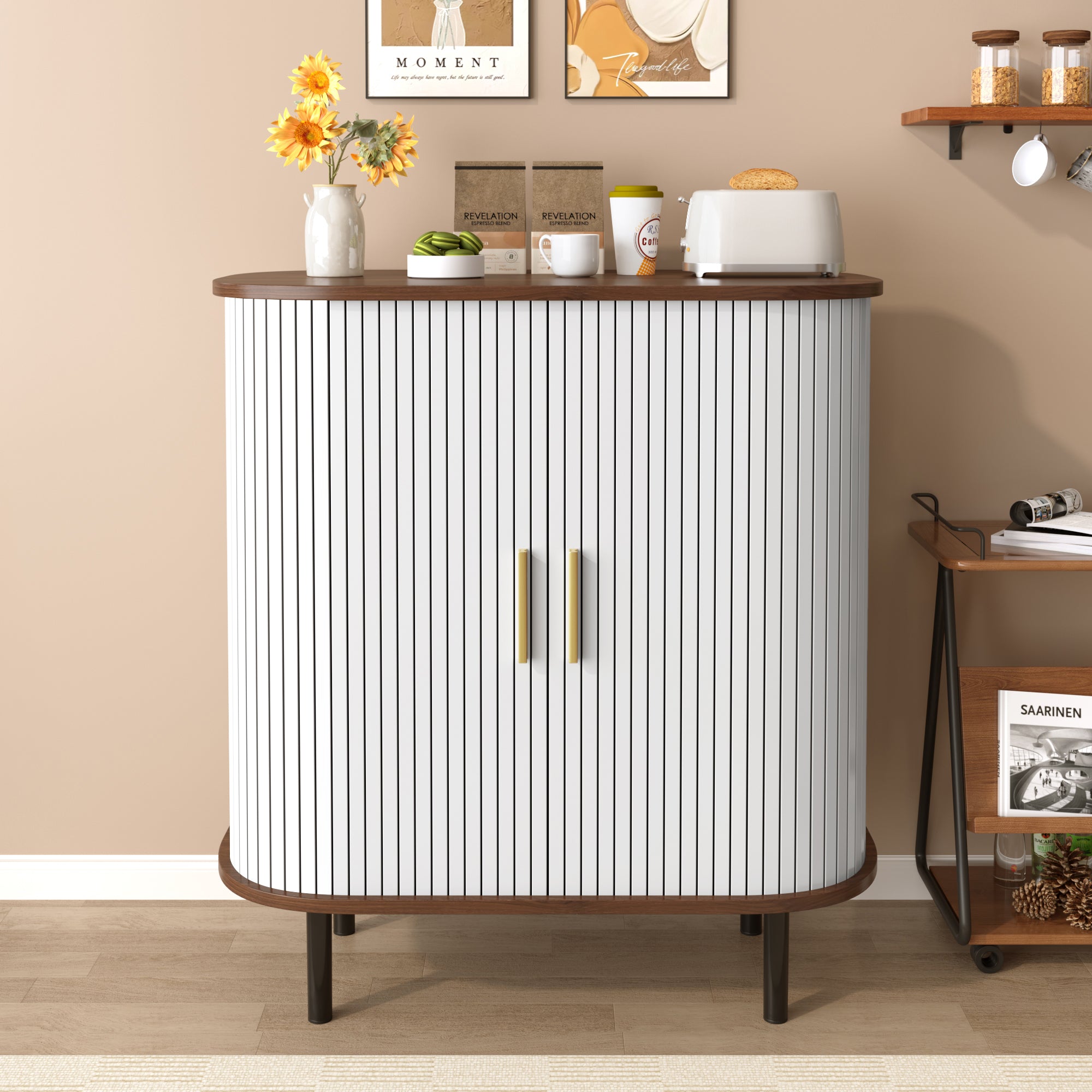 Fluted Wine Bar Cabinet with Tambour Doors & Wine Rack, 28", White