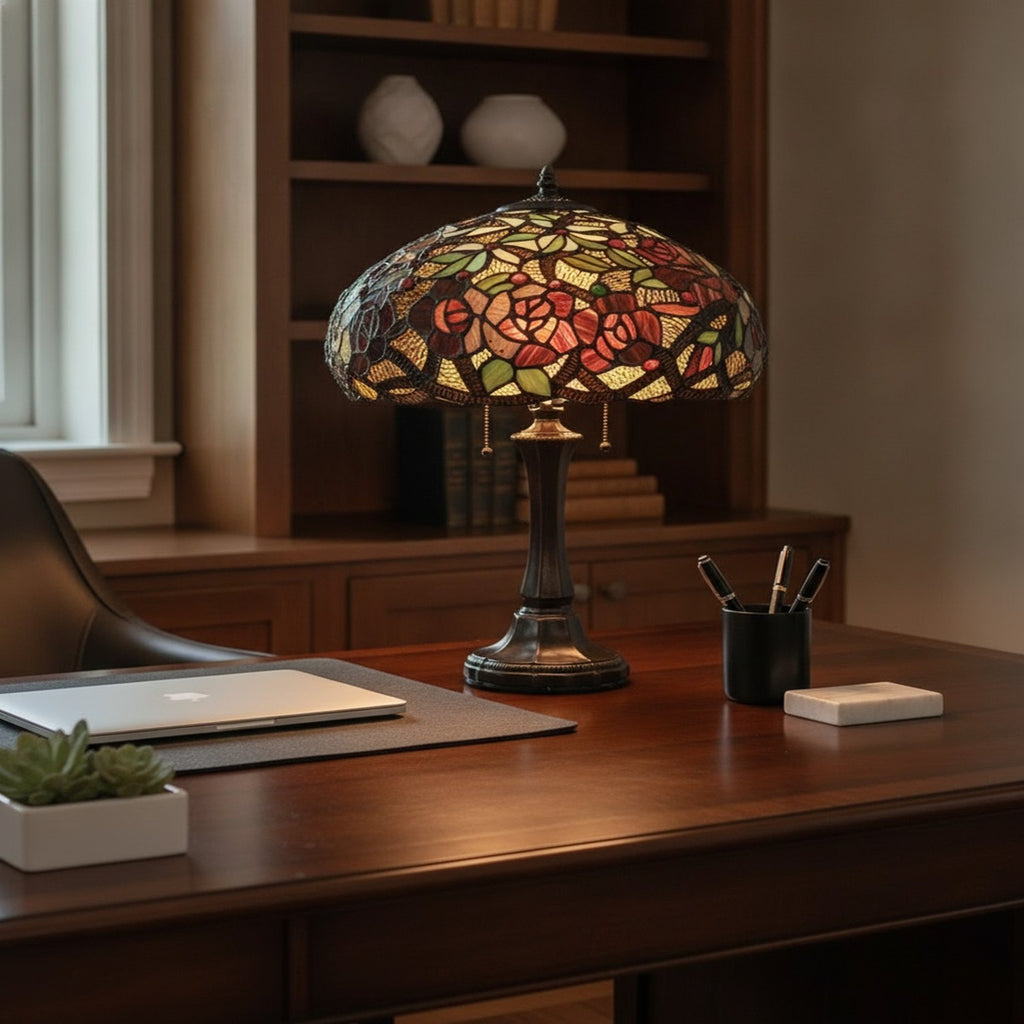 24" Dark Brown Metal Two Light Candlestick Table Lamp With Red Dome Shade - L3