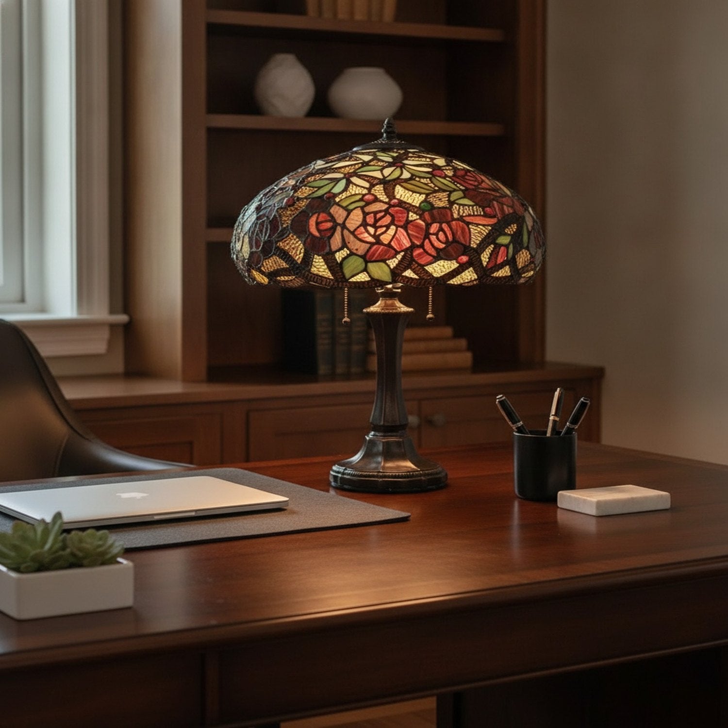 24" Dark Brown Metal Two Light Candlestick Table Lamp With Red Dome Shade - L3