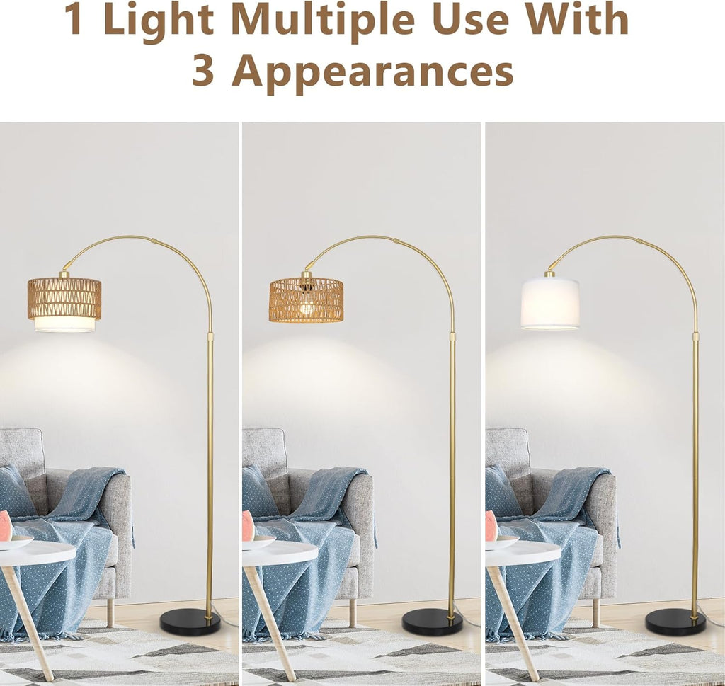 Gold Arc Floor Lamp, Rattan & Linen Shades