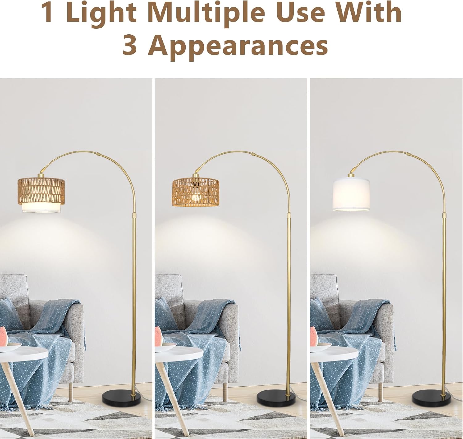 Gold Arc Floor Lamp, Rattan & Linen Shades