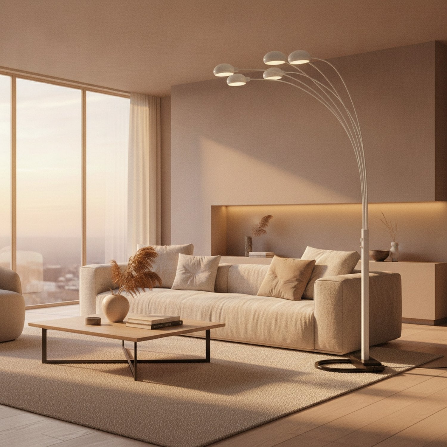 84" White Five Light Arc Floor Lamp With White Dome Shade - L1