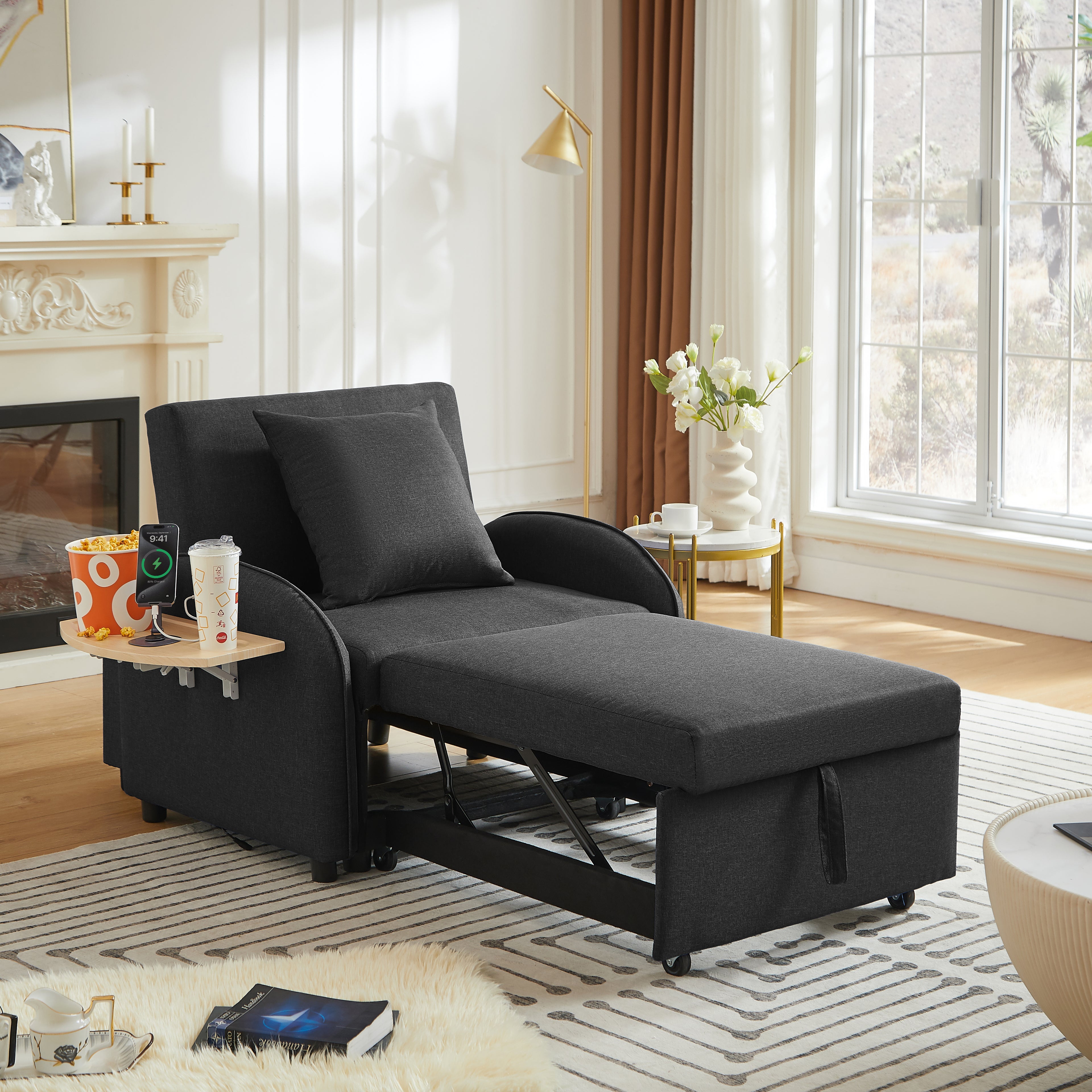 3-in-1 Convertible Sleeper Chair Bed with Foldable Table, Black