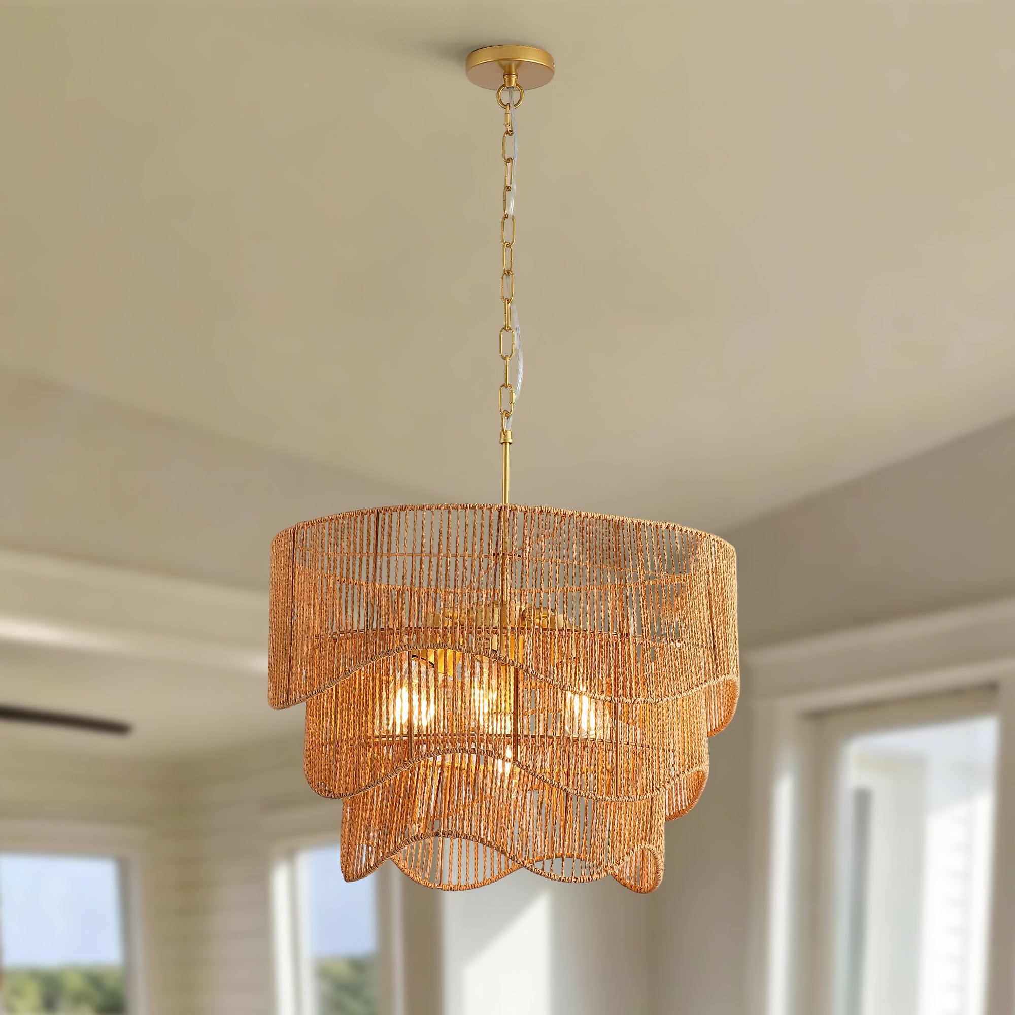 Handwoven Paper Rattan Boho Chandelier with 7-Light E26