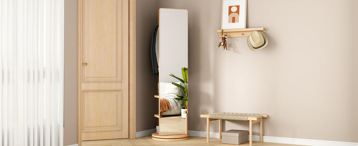 Astrid Full-Length Mirror with Coat Rack, 66", Natural Wood