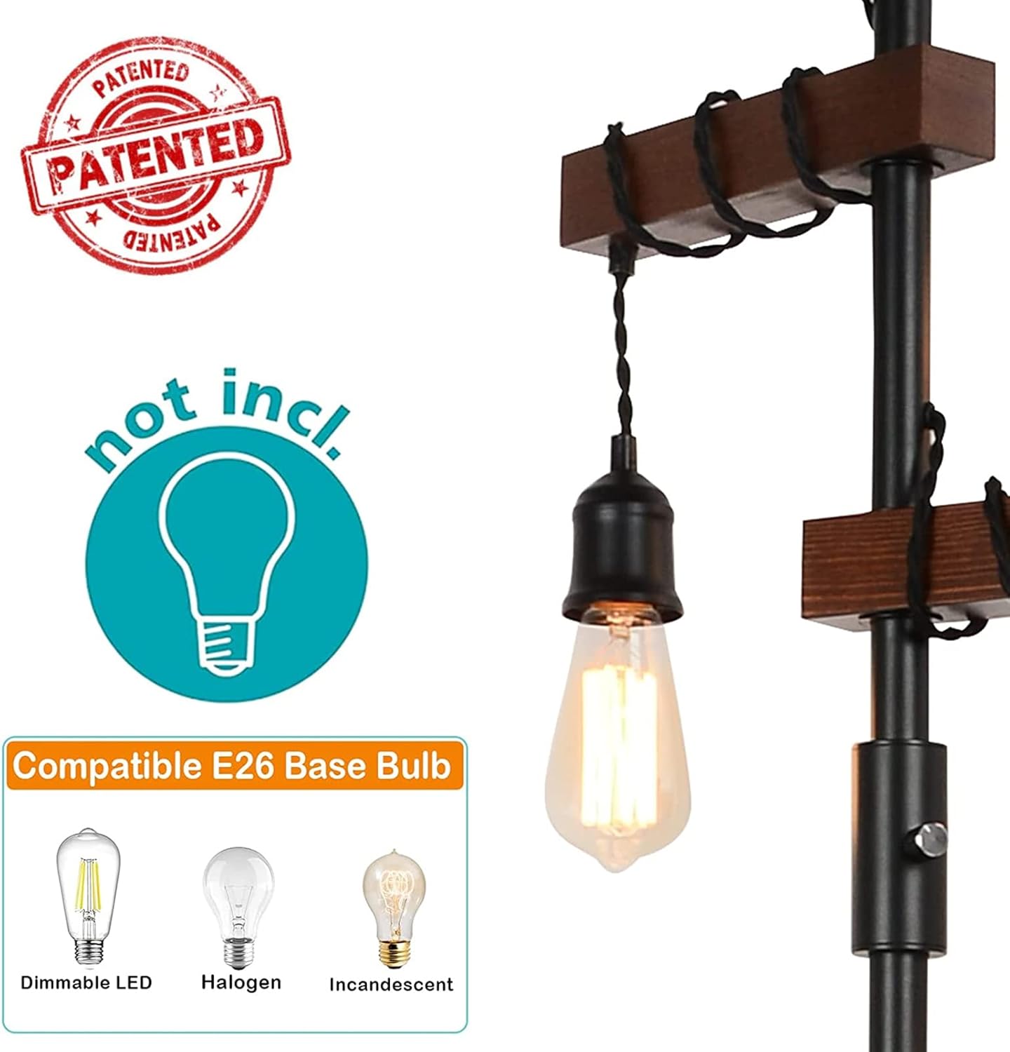 Dimmable Industrial 3-Light Wood & Black Metal Floor Lamp