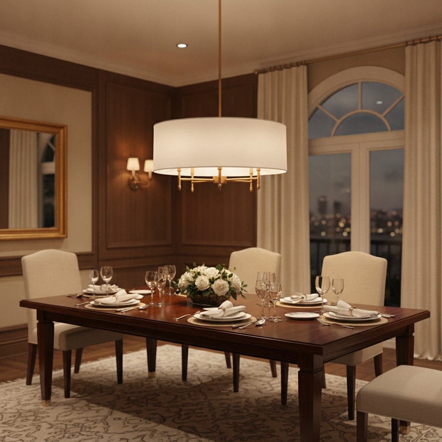 5-Light White Drum Shade Chandelier - L1