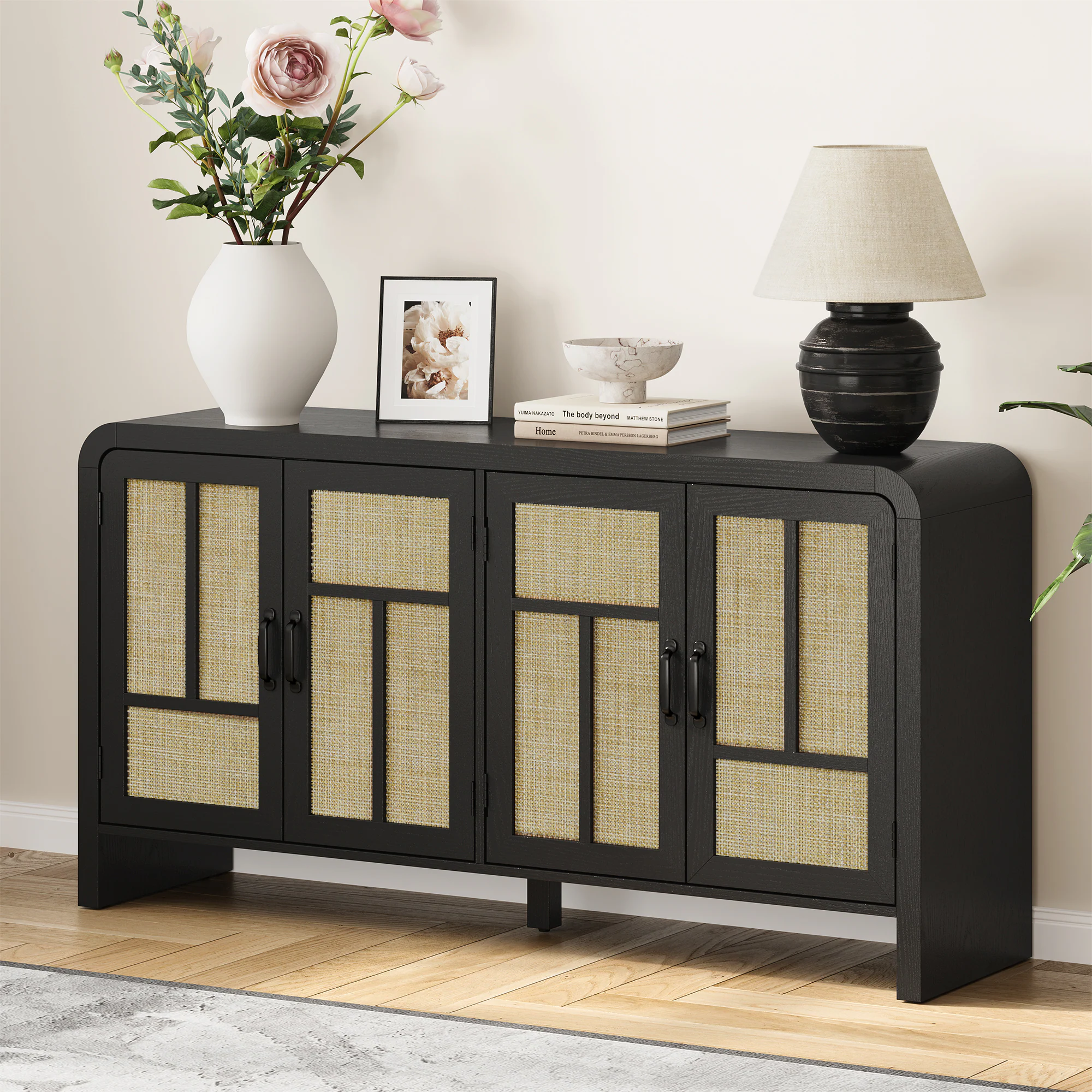 Boho Rattan Sideboard Buffet Cabinet, 4 Doors, 59", Black