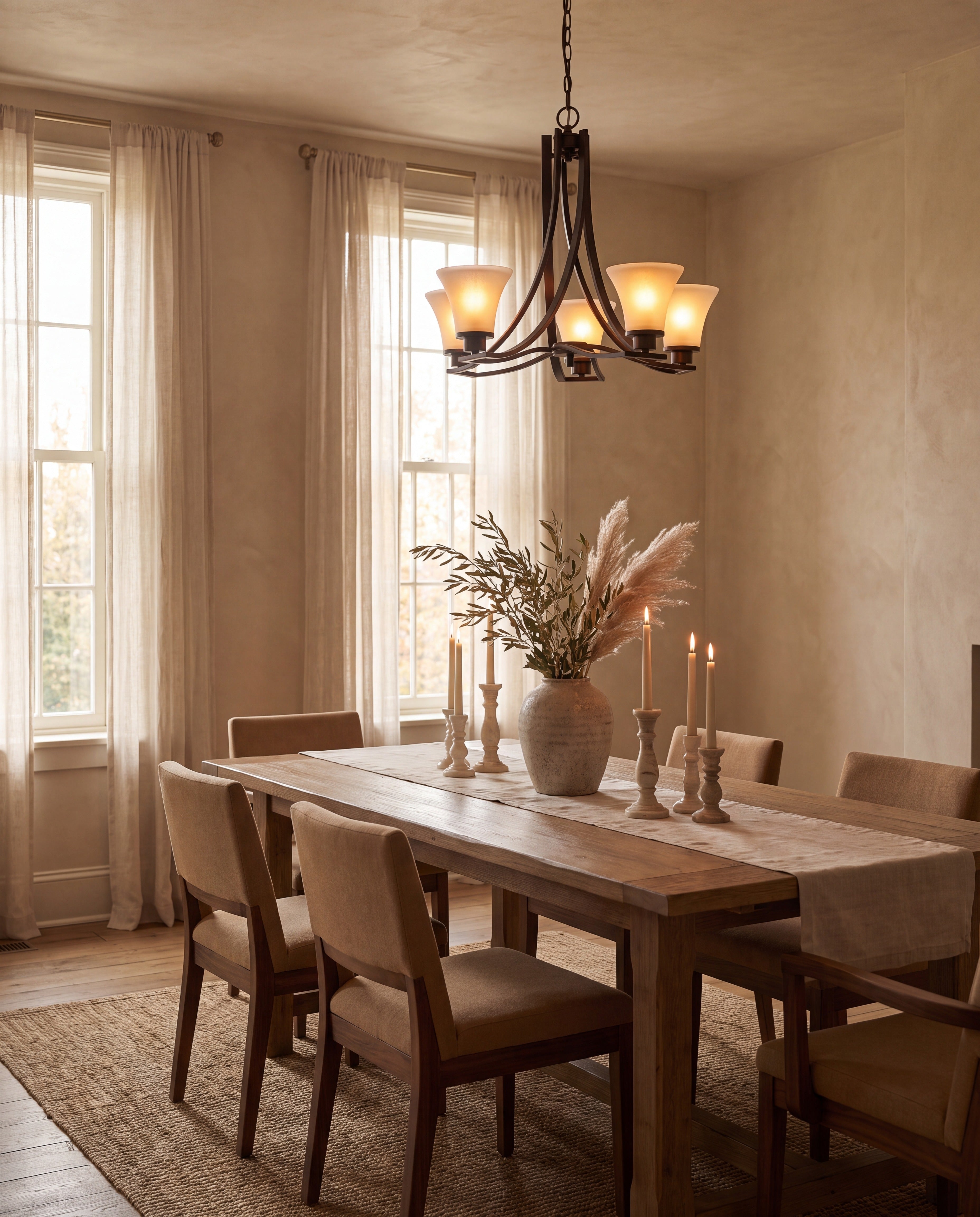 Bronze Five-Light Chandelier with White Shades — styled in a warm interior
