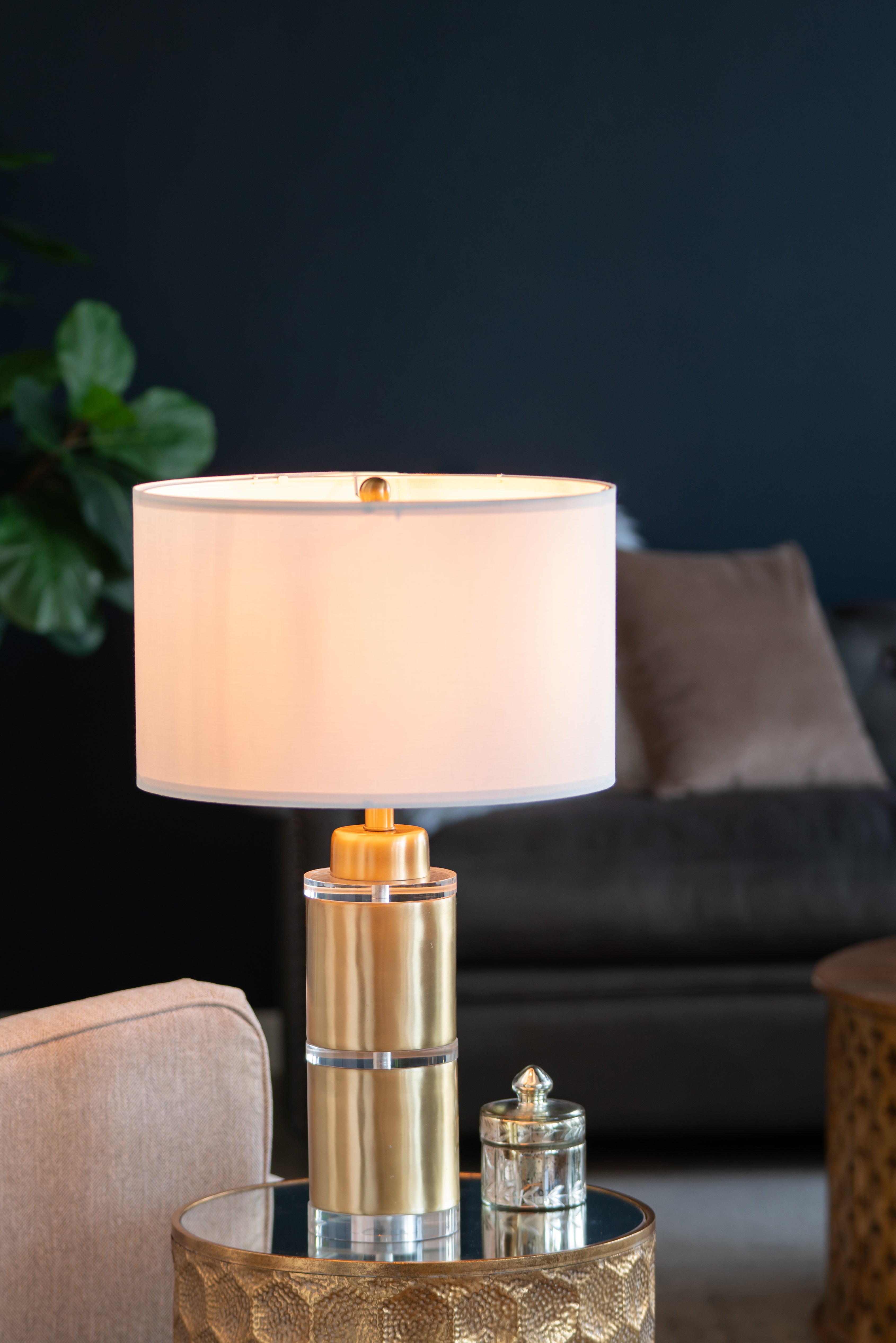 D15x25.5" Gold and White Cylinder Table Lamp with Drum