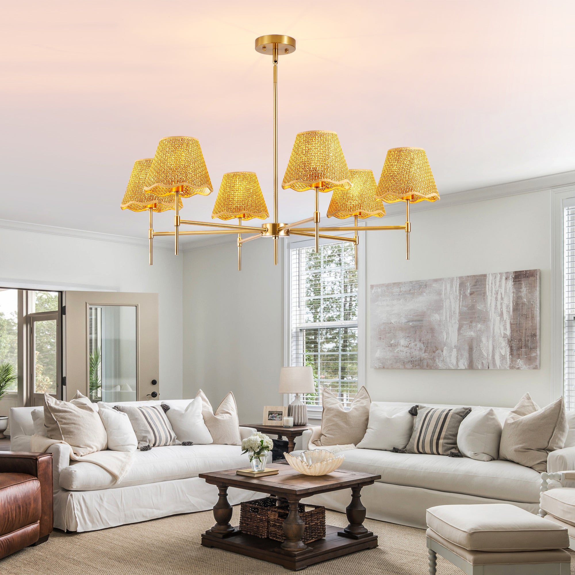Boho Rattan Chandelier 6-Lights Rustic Industrial Pendant