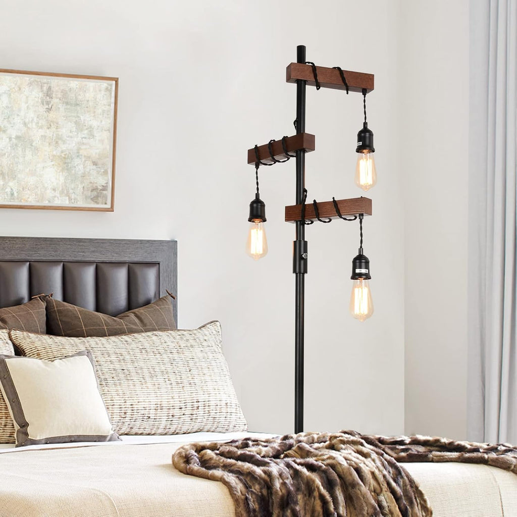 Dimmable Industrial 3-Light Wood & Black Metal Floor Lamp