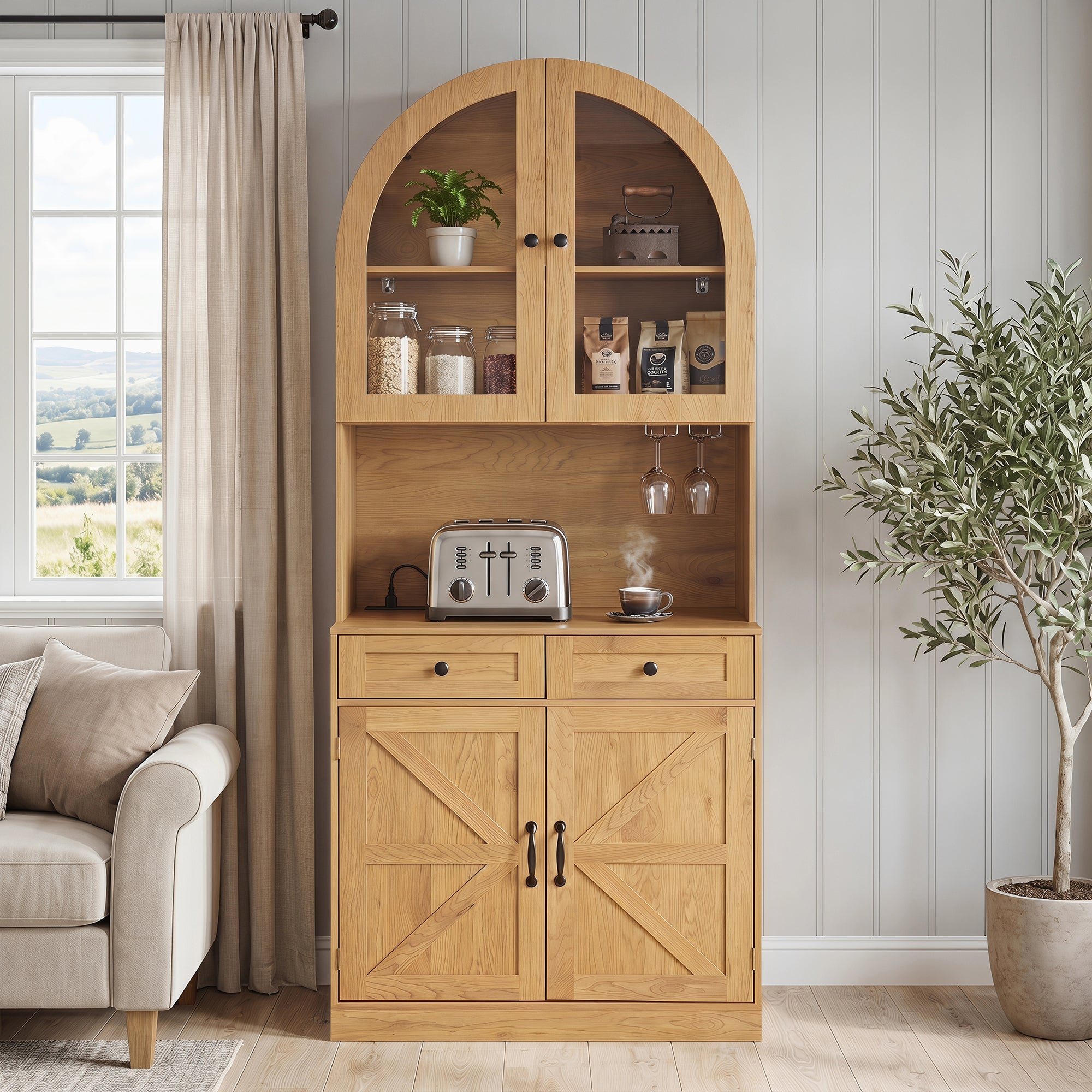Arched Pantry Cabinet with Coffee Bar & Charging Station, 75", Oak