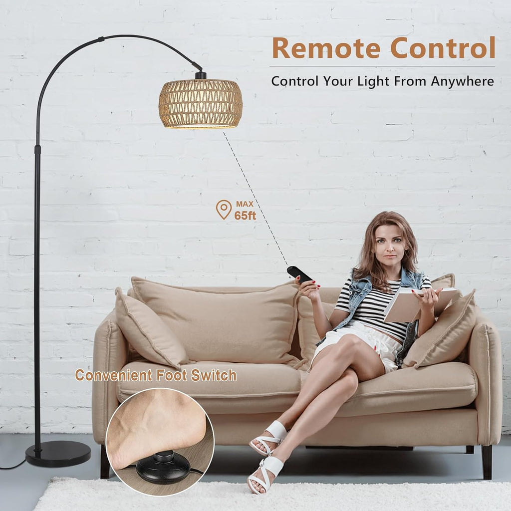 Black Rattan Boho Arc Floor Lamp