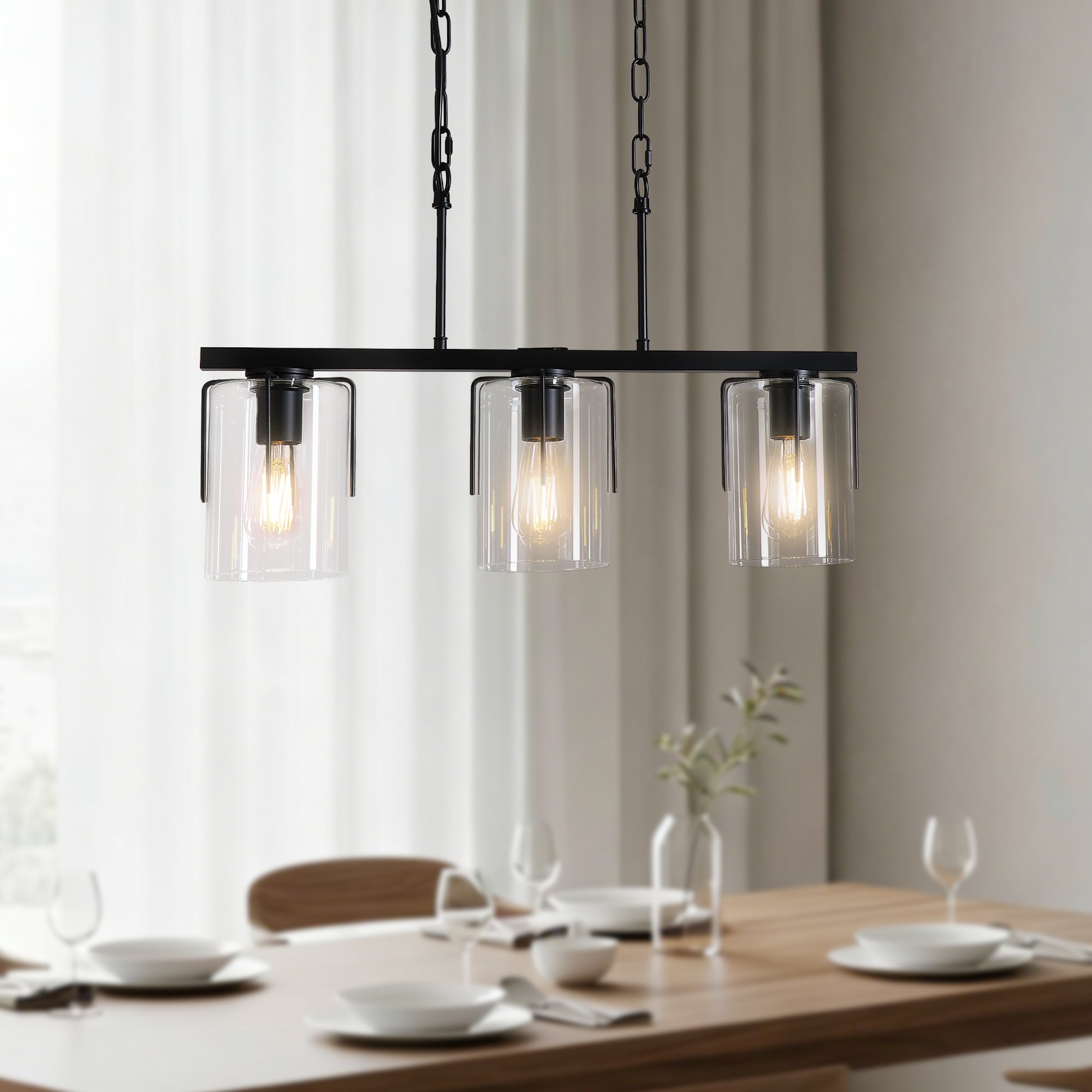 3-Light Matte Black Linear Pendant Light Chandelier