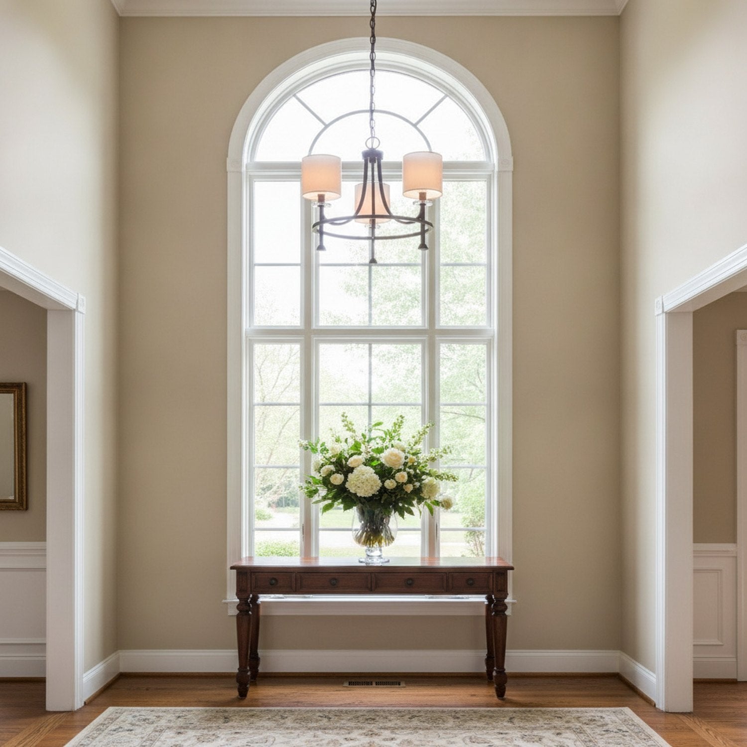 Bronze Candle Style Three Light Metal Dimmable Chandelier With White Shades - L2
