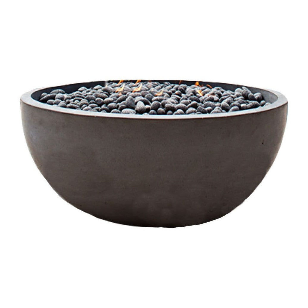 Fire by Design Vessel Round concrete fire bowl filled with fire stones
